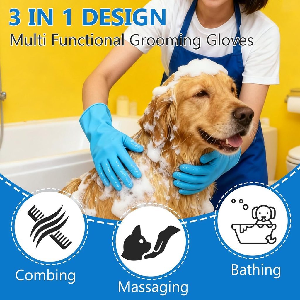Person grooming a dog with multi-functional grooming gloves, featuring icons for combing, massaging, and bathing.
