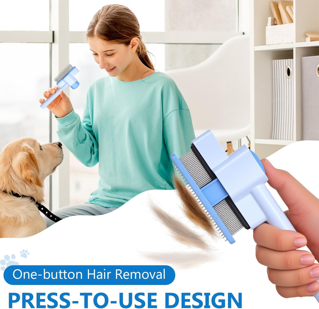Woman using a pet grooming brush with a dog, with text highlighting features like 'One-button Hair Removal' and 'Press-to-use design'.
