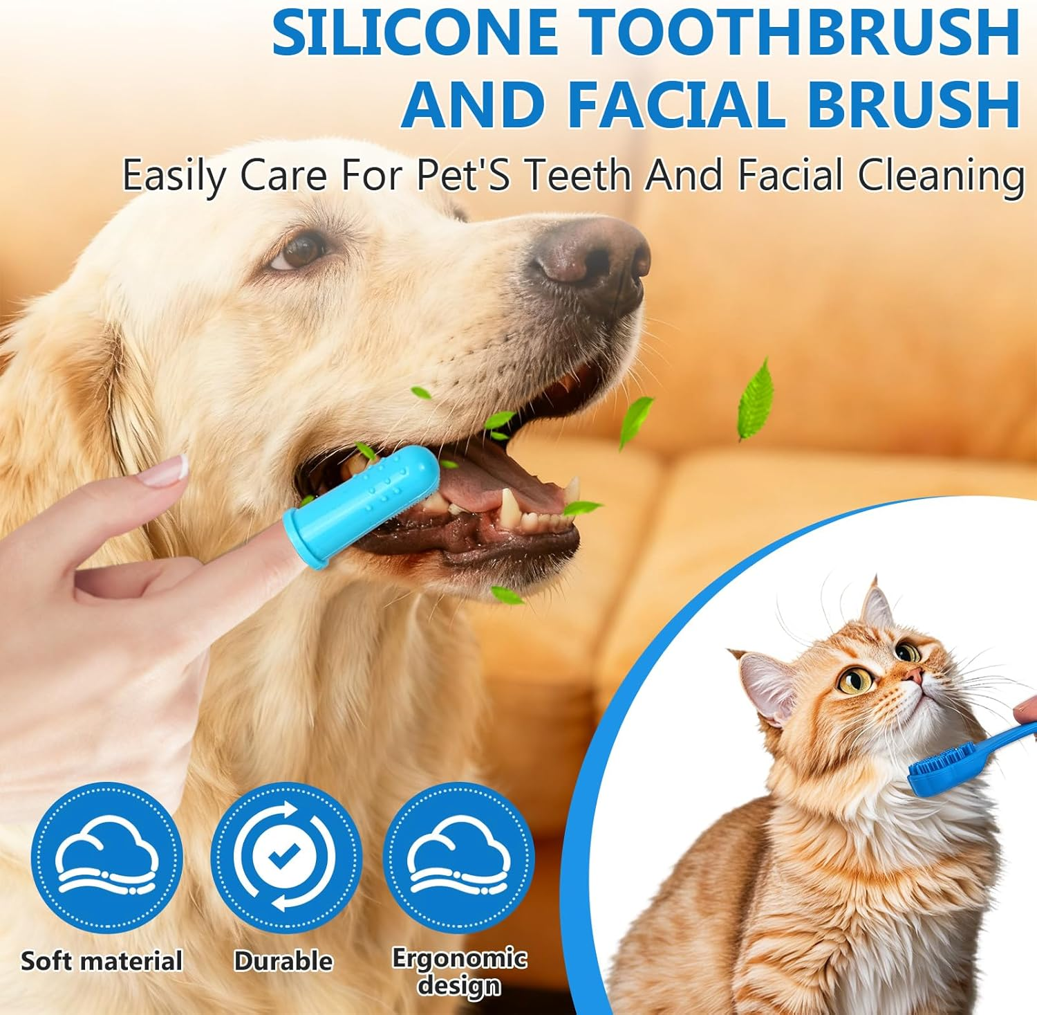 Silicone toothbrush and facial brush for pets with a dog and cat using it, and text highlighting features.