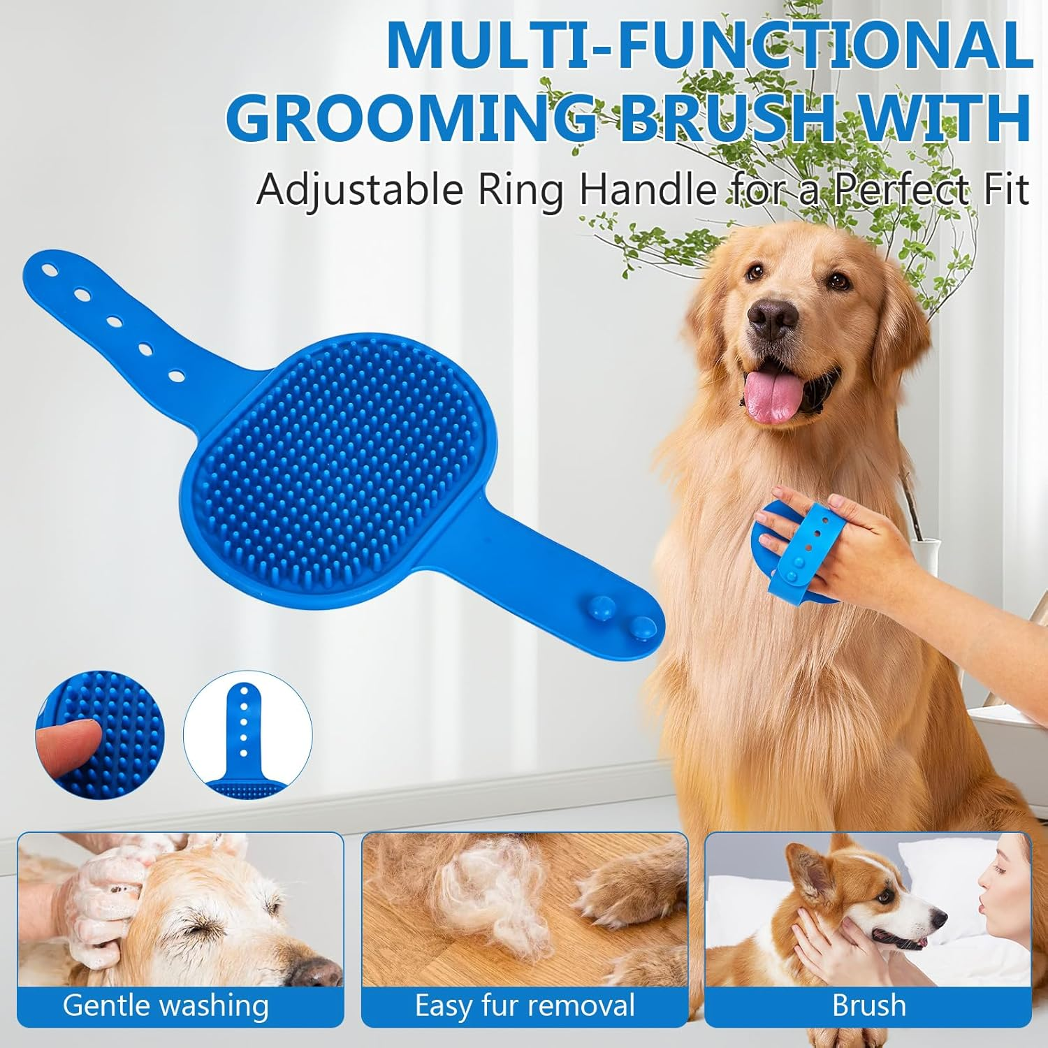 Blue grooming brush with adjustable ring handle, used on a dog, against a white curtain background.
