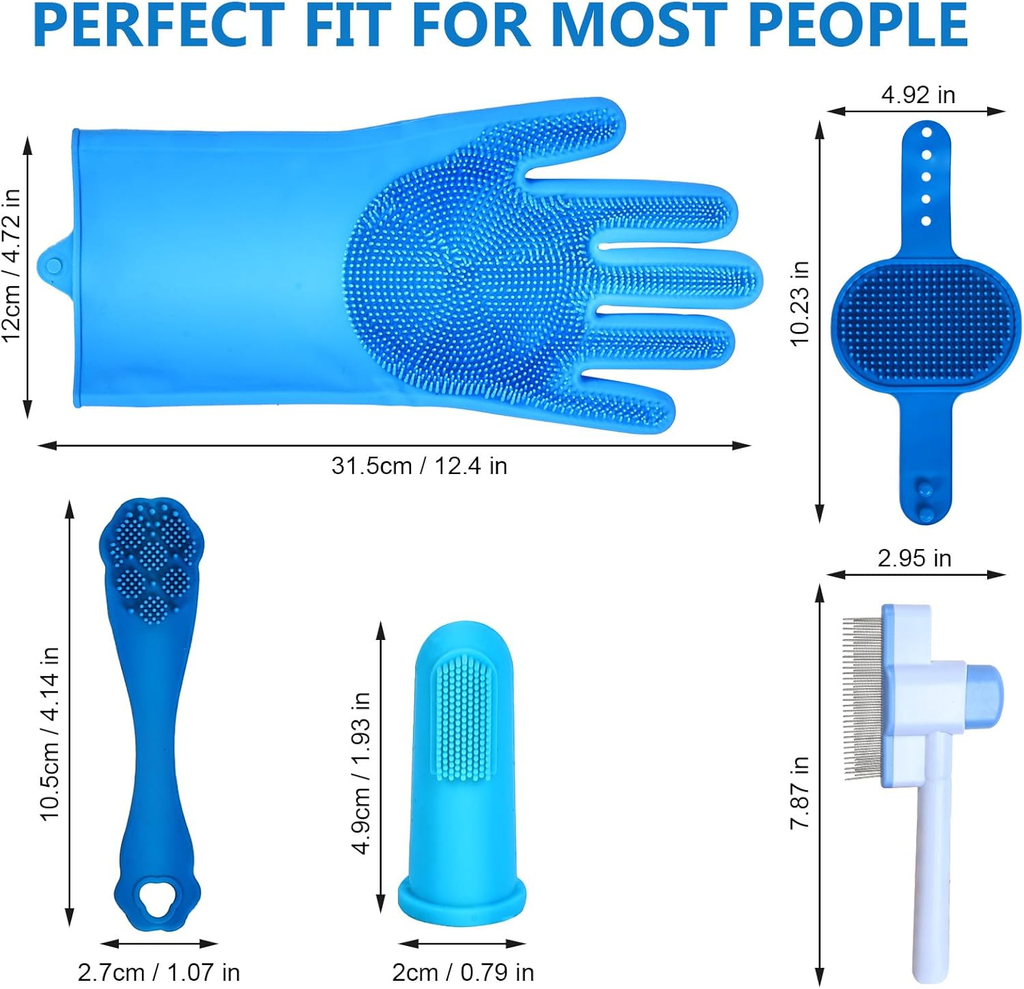 Blue grooming glove and brush set with dimensions labeled