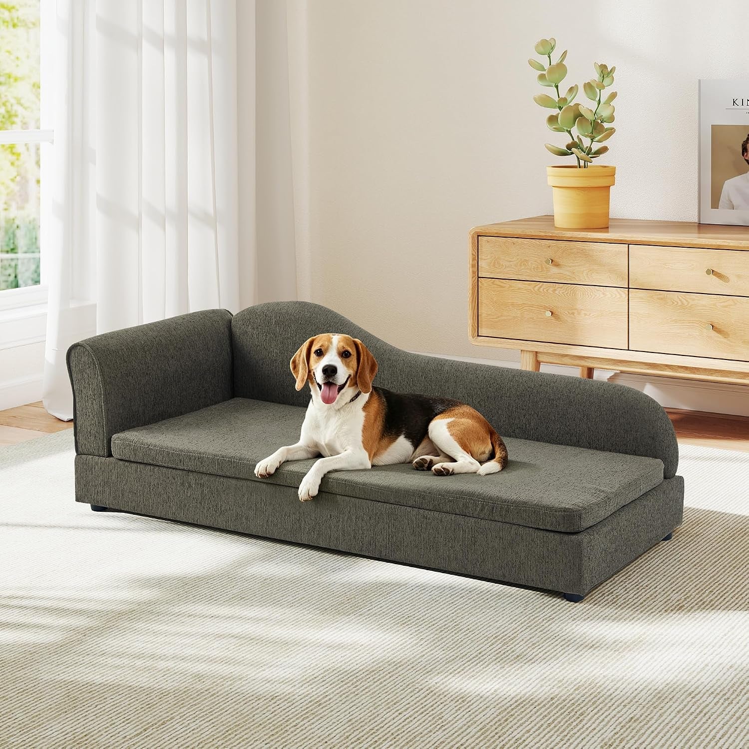 Dog Couch for Medium and Large Dogs, 55 X 26 X 18.5 Inch Pet Sofa Bed with Wave Backrest, Single Armrest, Breathable Linen Cushion, Low Feet, Beige