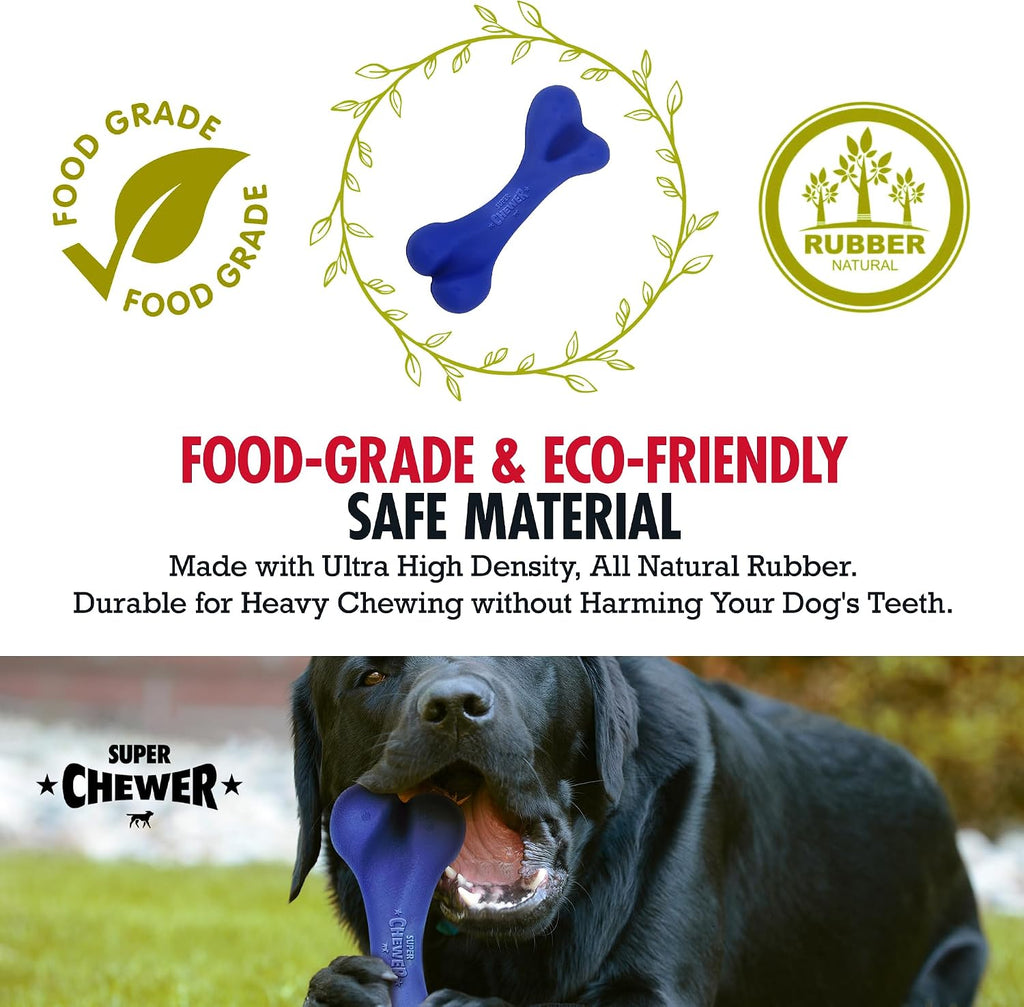 Superchewer Tough Dog Bone Toy | Lifetime Replacement | Strong Natural Rubber | Great Dog Fetch Toy | Chew Toys for Dogs | Ultra Durable Chew Toys for Moderate Chewers | Large Breed Tested