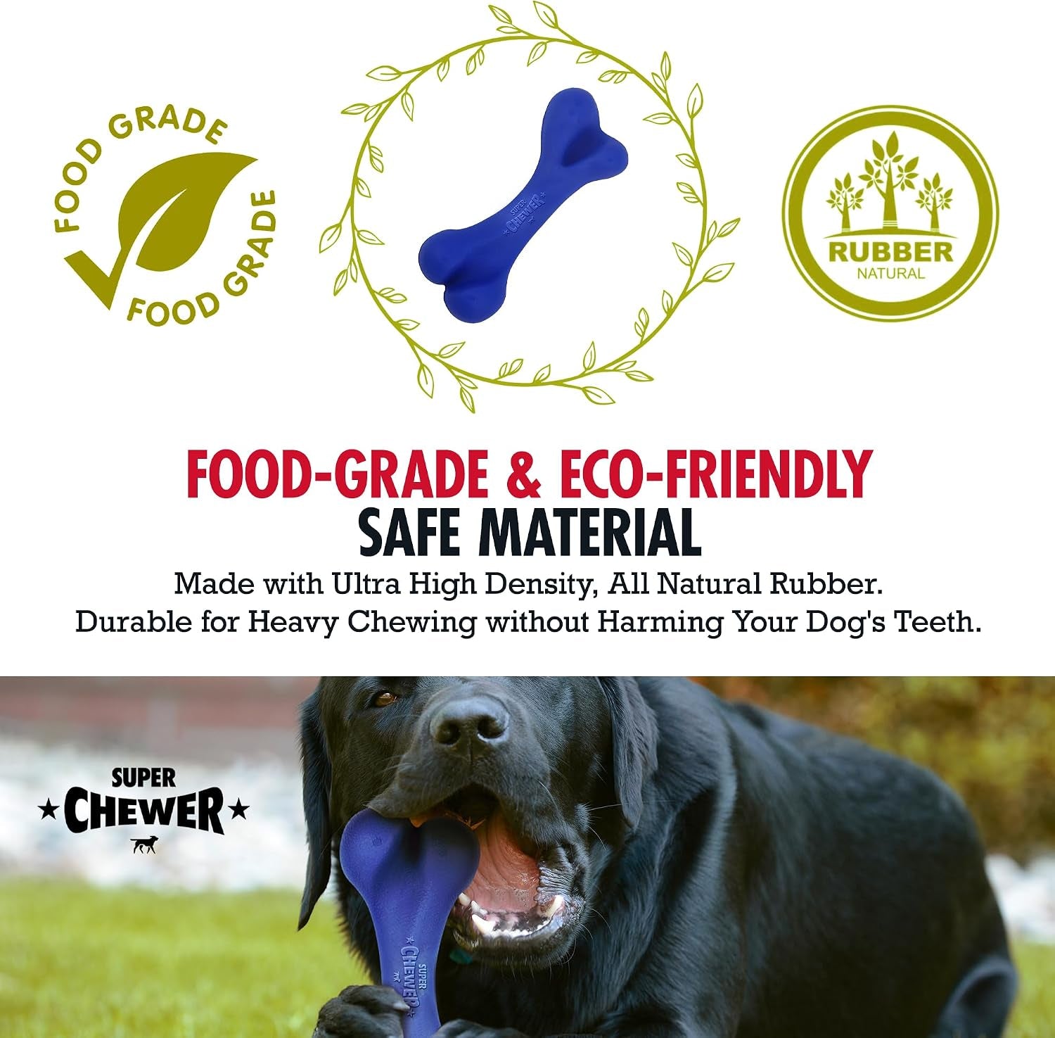 Superchewer Tough Dog Bone Toy | Lifetime Replacement | Strong Natural Rubber | Great Dog Fetch Toy | Chew Toys for Dogs | Ultra Durable Chew Toys for Moderate Chewers | Large Breed Tested