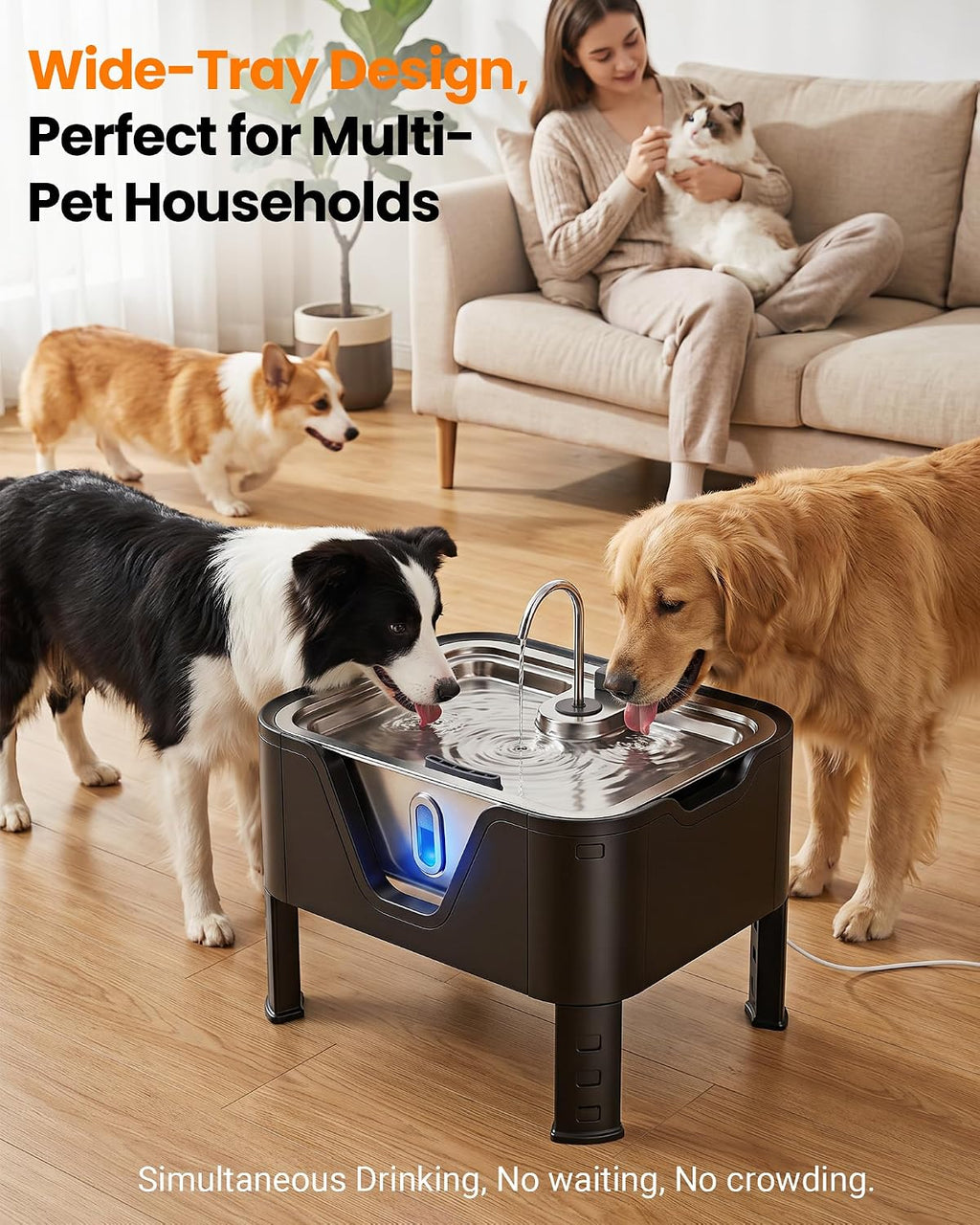 3.17Gal/ 12L Large Dog Water Fountain Elevated Dog Bowls with 3 Filters | 3-Height Adjustable Dog Water Bowl Dispenser, Quiet Stainless Steel Pet Water Fountain for Multi-Pet, Water Level Alert