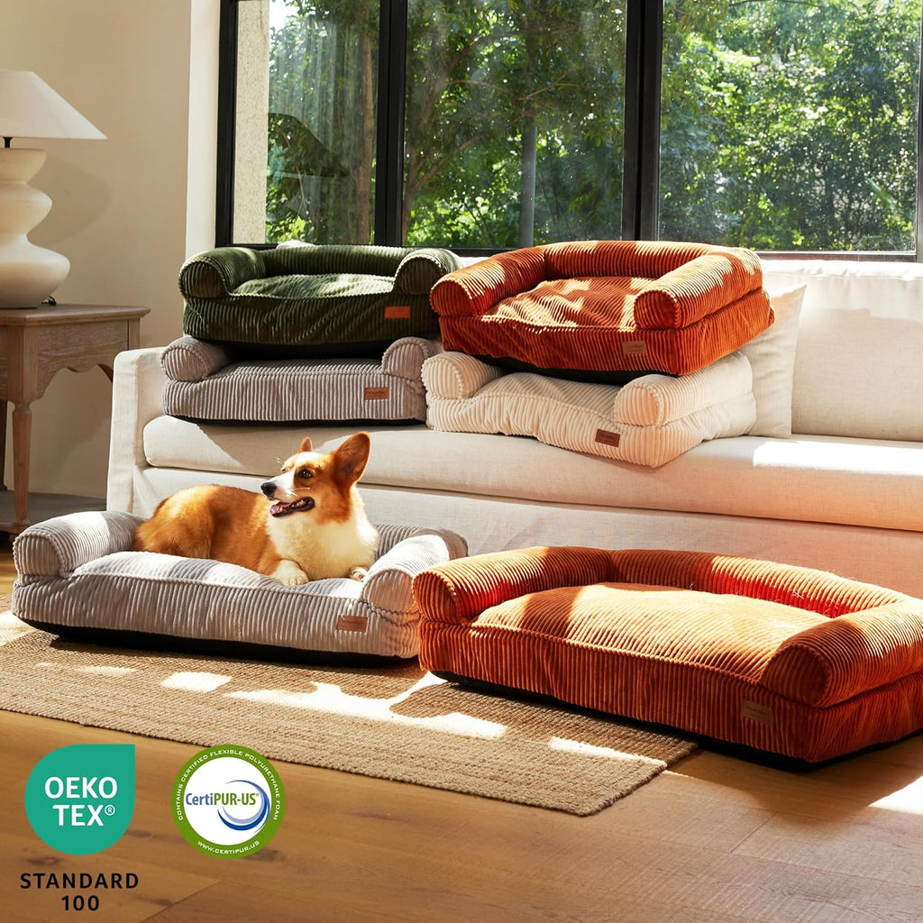 Cute Dog Bed, Thickened Orthopedic Dog Sofa, Waterproof&Washable | 36" Corduroy Dog Couch with 4" Extra-Thick Egg-Crate Foam, Large Pet Bed for Medium to Large Dogs, Green