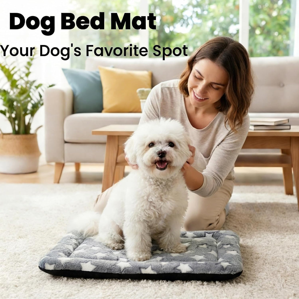 Dog Bed Mat, Reversible Dog Crate Pad for Small Medium Dogs & Cats, Soft Washable Kennel Mat with Non-Slip Bottom, Lightweight Pet Bed for Crate, Cage, Home and Travel(Gray Star, 24" L*18" W*1.5" Th)