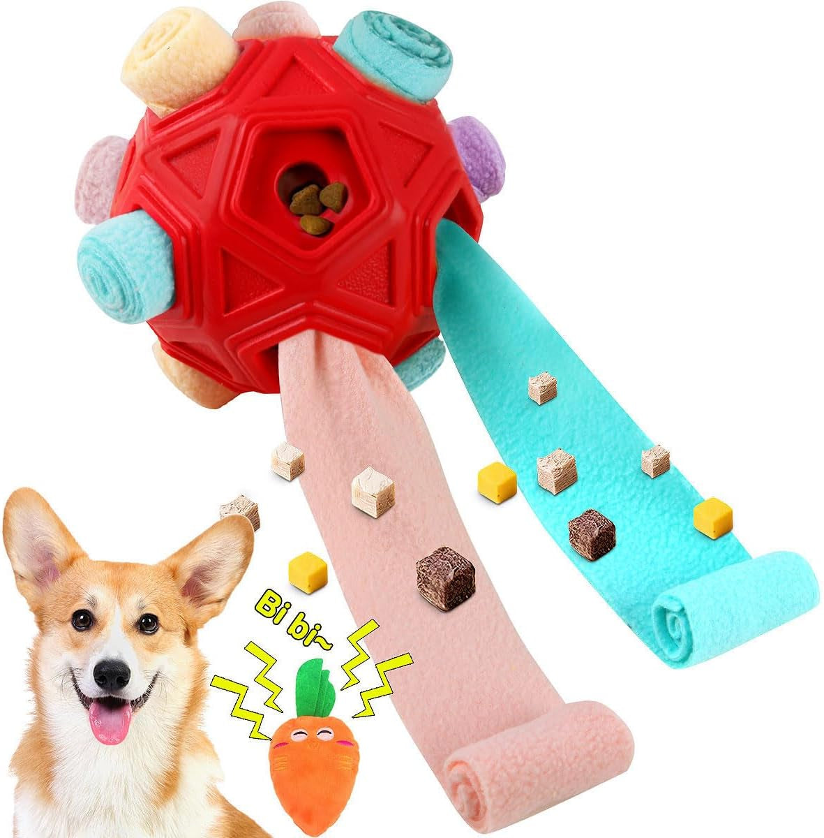 Dog Snuffle Ball-Interactive Puzzle Dog Toys Encourage Natural Foraging Skills Slow Feeder for Training and Stress Relief, Cloth Strip Hiding Food Treat Dispenser Dog Toy