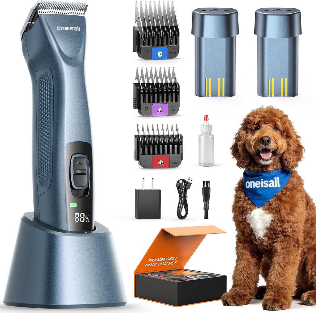Professional Dog Clippers Dual Battery Unlimited Runtime A5 Blade | 3700SPM 2-Speed, 2 Pcs 2600Mah Swappable Battery, Low Noise Dog Grooming Clippers for Thick Long Curly Matted Hair