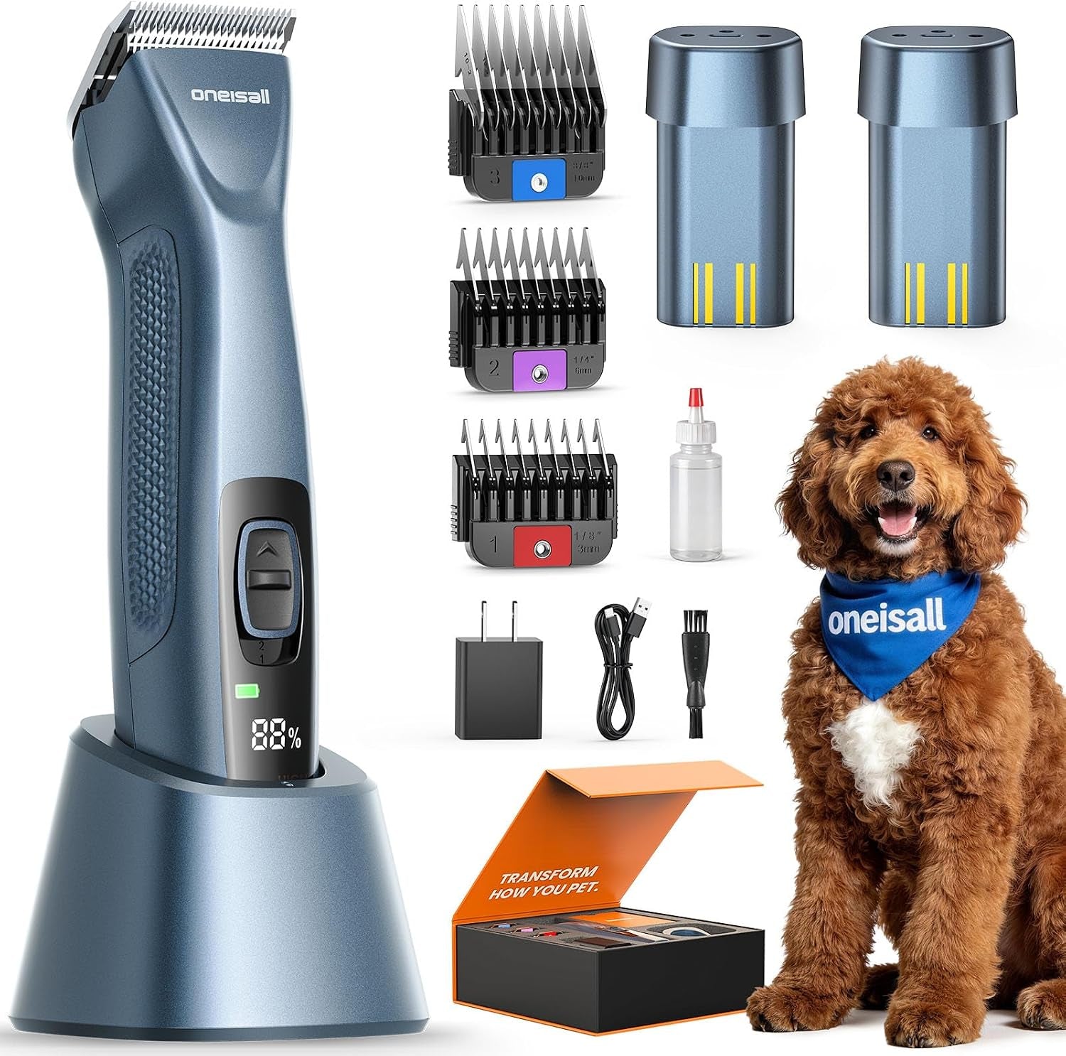 Professional Dog Clippers Dual Battery Unlimited Runtime A5 Blade | 3700SPM 2-Speed, 2 Pcs 2600Mah Swappable Battery, Low Noise Dog Grooming Clippers for Thick Long Curly Matted Hair