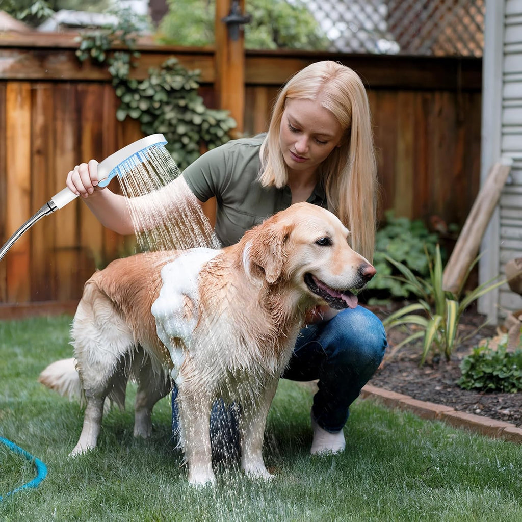 Dog Shower Attachment with 4 Adjustable Settings, Indoor and Outdoor Use | Easy-To-Install Dog Shower Brush for Bathing and Grooming, Blue/White