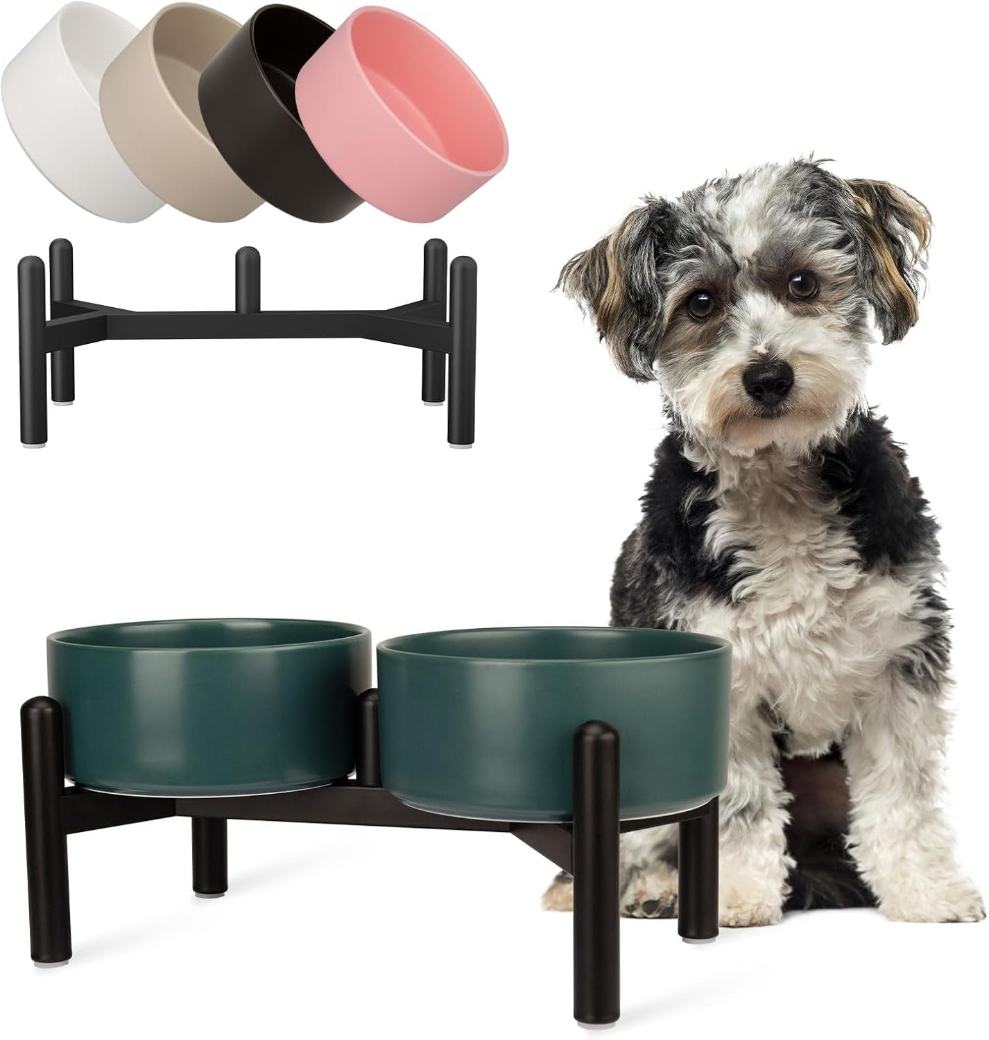Raised Ceramic Dog Bowl Set with Stand, 3.5 Cups Elevated Dog Food Stand | 6.1'' Double Dog Food and Water Bowl Set, Non-Slip Dog Feeding Dishes for Small to Medium Breeds, 29.57 OZ, White