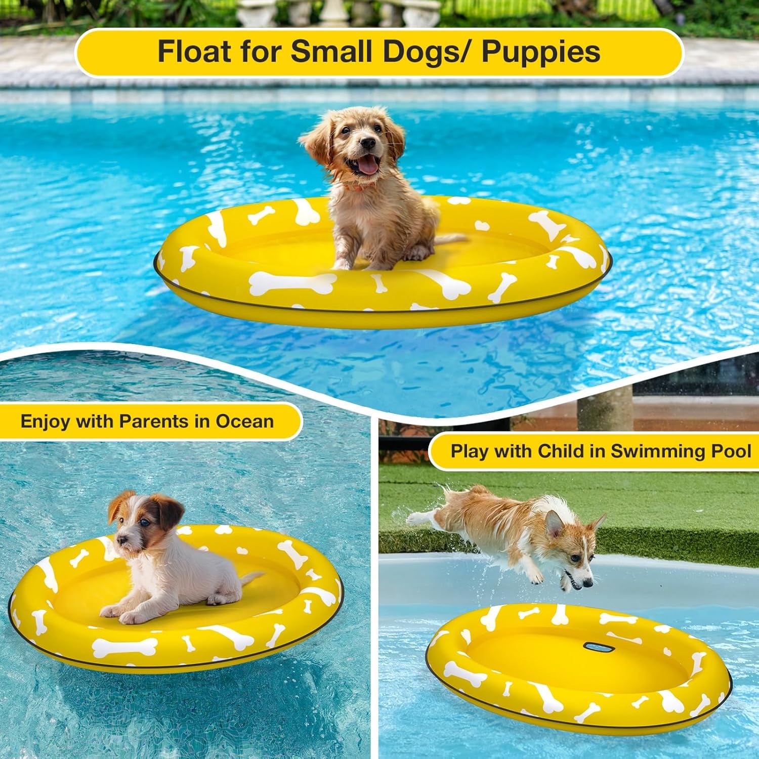 Dog Float Raft - Inflatable Dog Swimming Float for Summer (Small, Yellow Bones)