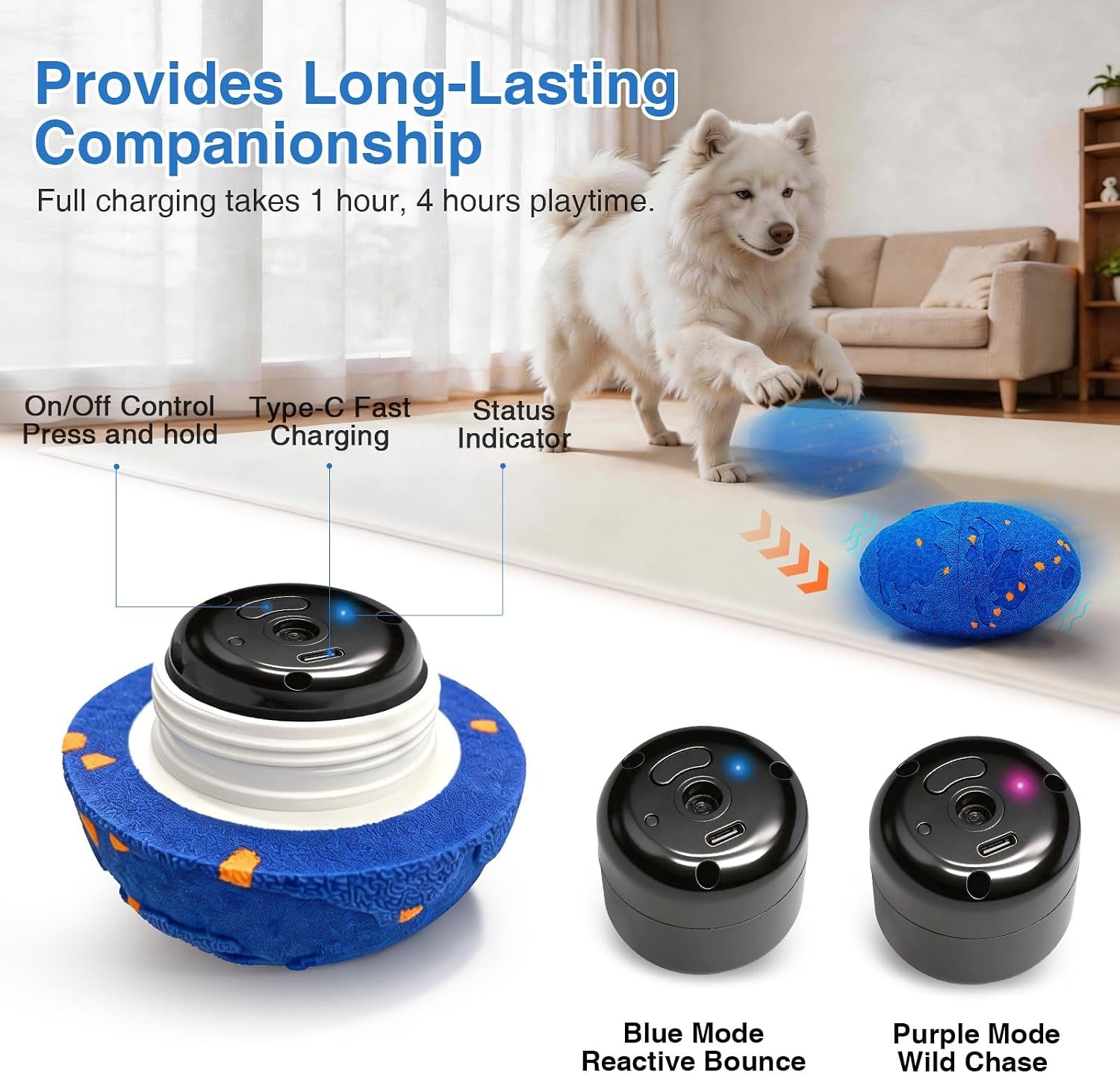 Interactive Dog Toy Balls, Pet Ball Toys Automatic Moving Bouncing and Rotating, Solid E-TPU Material, IPX7 Waterproof Active Rolling Balls for Small, Medium and Large Dogs(Vbleu)