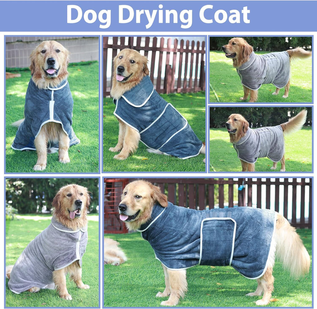 Dog Bathrobe Towel Drying Coat - Super Absorbent Dog Towels Bath Robe for Drying Dogs Large, Soft Adjustable Collar & Belly Strap Fast Drying Coat Pet Dog Cat Bath Robe Towel (Blue, Large)