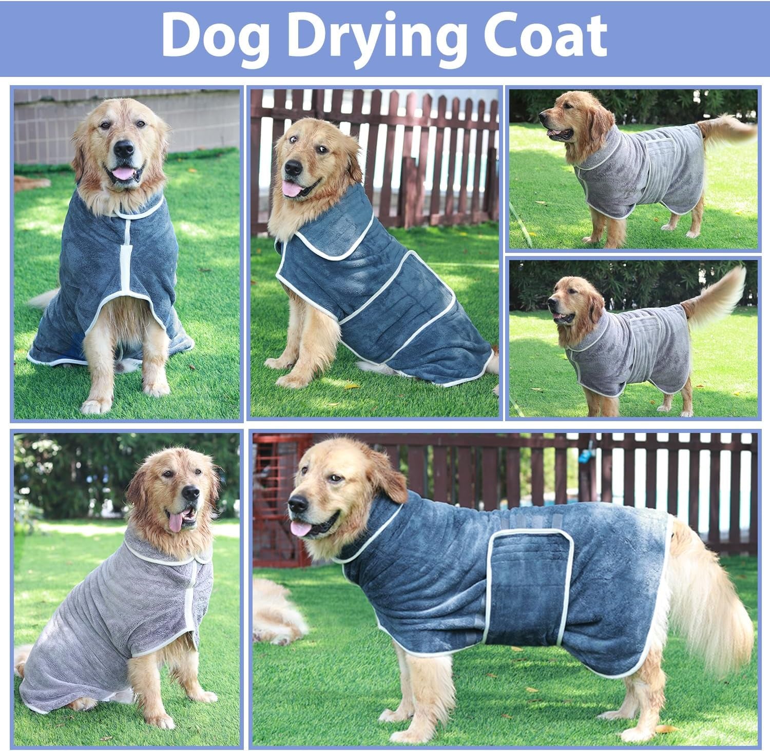 Dog Bathrobe Towel Drying Coat - Super Absorbent Dog Towels Bath Robe for Drying Dogs Large, Soft Adjustable Collar & Belly Strap Fast Drying Coat Pet Dog Cat Bath Robe Towel (Blue, Large)