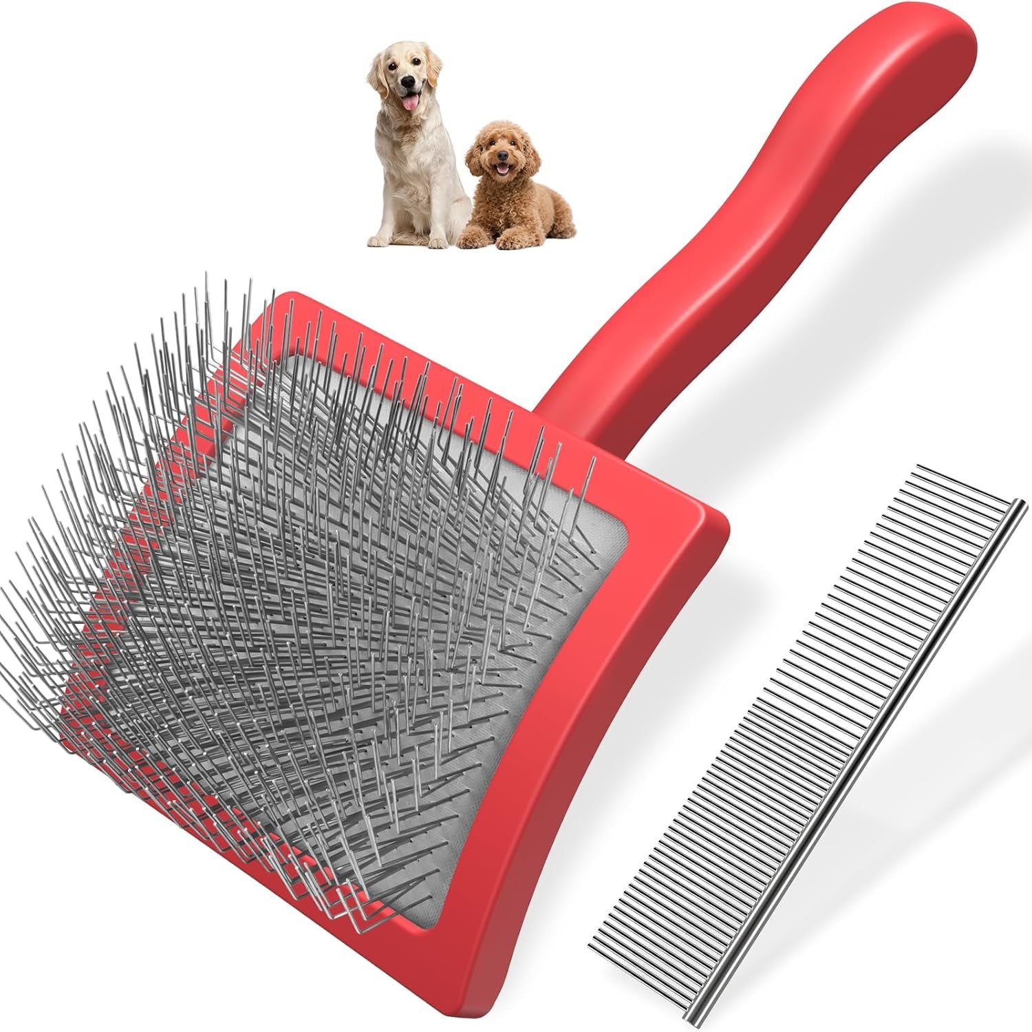 2PCS Slicker Brush for Dogs & Pet Comb,Professional Dog Grooming Brush (Red, Large)