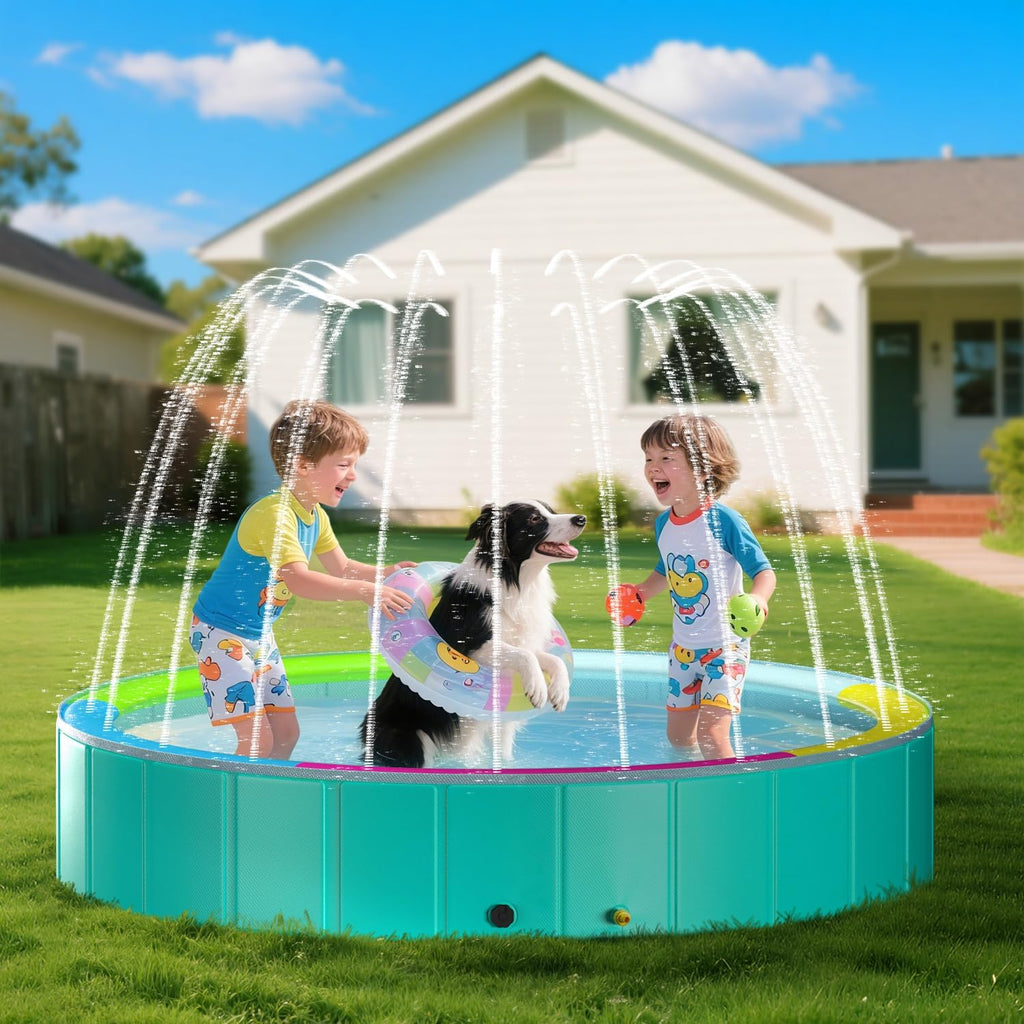 Foldable Dog Pool with Sprinkler for Large Dogs, Portable Hard Plastic PVC Pet Bathing Tub, Outdoor Collapsible Swimming Pool for Pets, 120'' X 20''