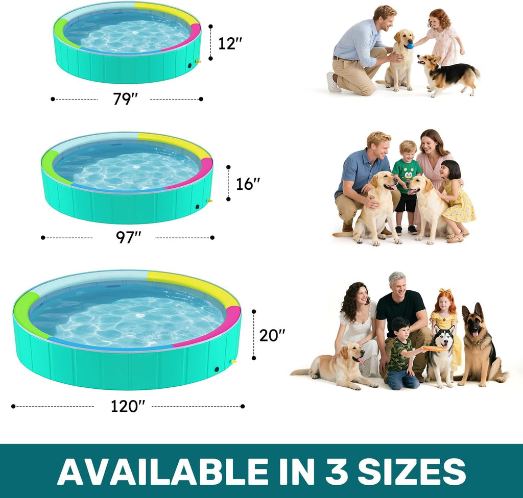 Foldable Dog Pool with Sprinkler for Large Dogs, Portable Hard Plastic PVC Pet Bathing Tub, Outdoor Collapsible Swimming Pool for Pets, 120'' X 20''