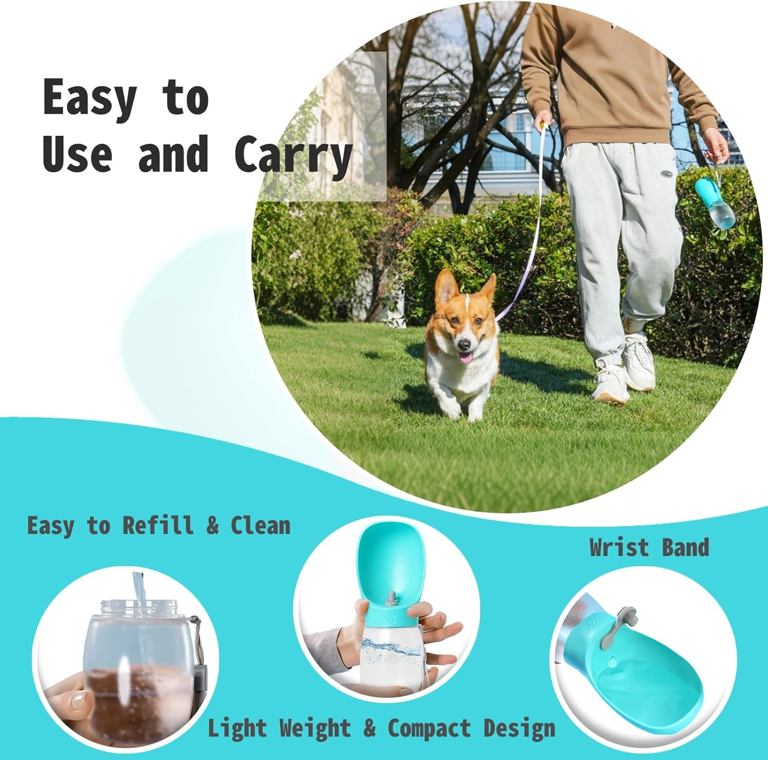 Dog Water Bottle,Leak Proof Portable Puppy Water Dispenser with Drinking Feeder, Dog Walking Accessories for Pets Outdoor Walking, Hiking, Travel, Food Grade Plastic