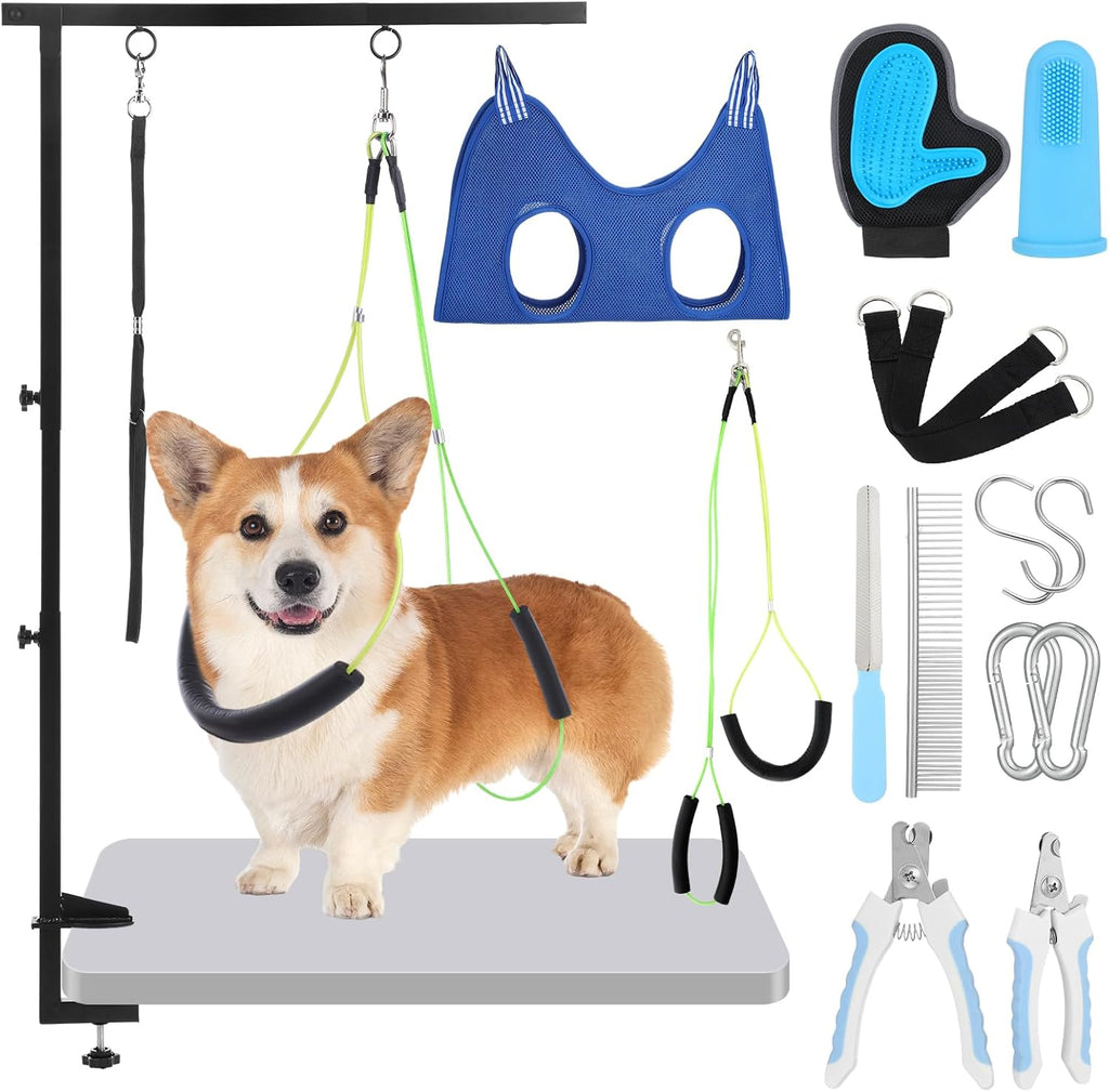 13 Pcs Adjustable Dog Grooming Arm with Clamps, Adjustable Height 27"-37", Pet Grooming Stand with Hammock and No-Sit Haunch Holders, Ideal Set for Small & Medium Dogs at Home or Salons