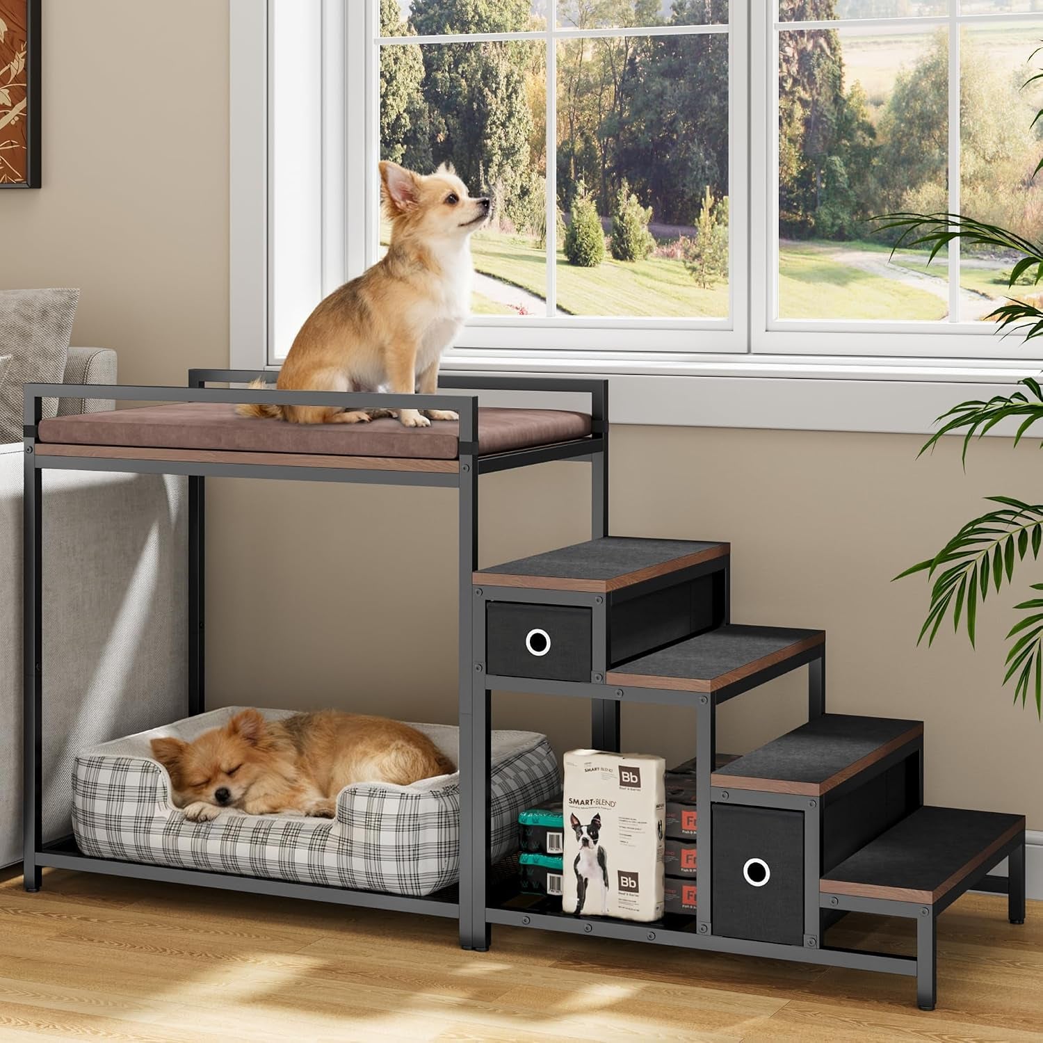Pet Bunk Bed with Stairs and Storage, Dog Beds Attachment to Human Bed, Bedside Dogs Cot for Small, Medium Cats & Dogs, Pet Window Perch (Grey)