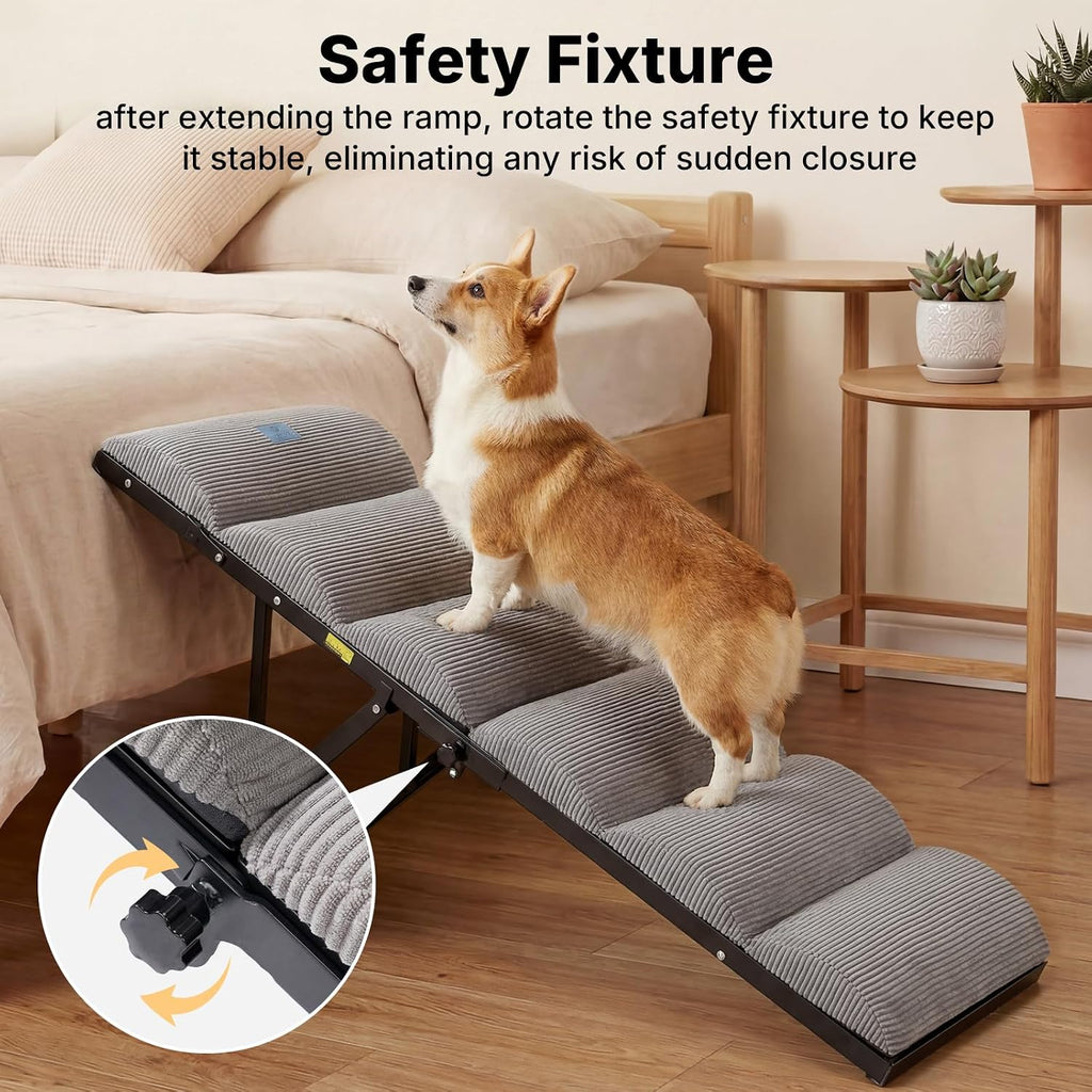 Dog Ramp for Bed Couch Small Large Dogs, Foldable Pet Ramp 12"-20" H | 5 Adjustable Height Portable Dog Ramps for Beds Bedside Folding Doggy Stairs Metal Frame for Senior Dogs, up to 130Lbs