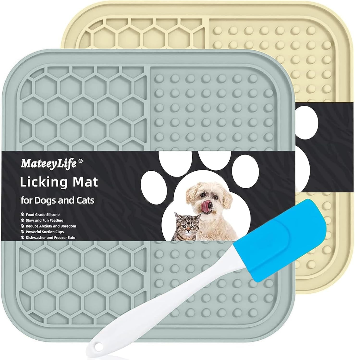 2PCS Small Lick Mat for Dogs and Cats, Licking Mats for Dog Anxiety Relief, Cat Peanut Butter Lick Pad for Boredom Reducer, Dog Treat Mat Perfect for Bathing Grooming Gray&Beige