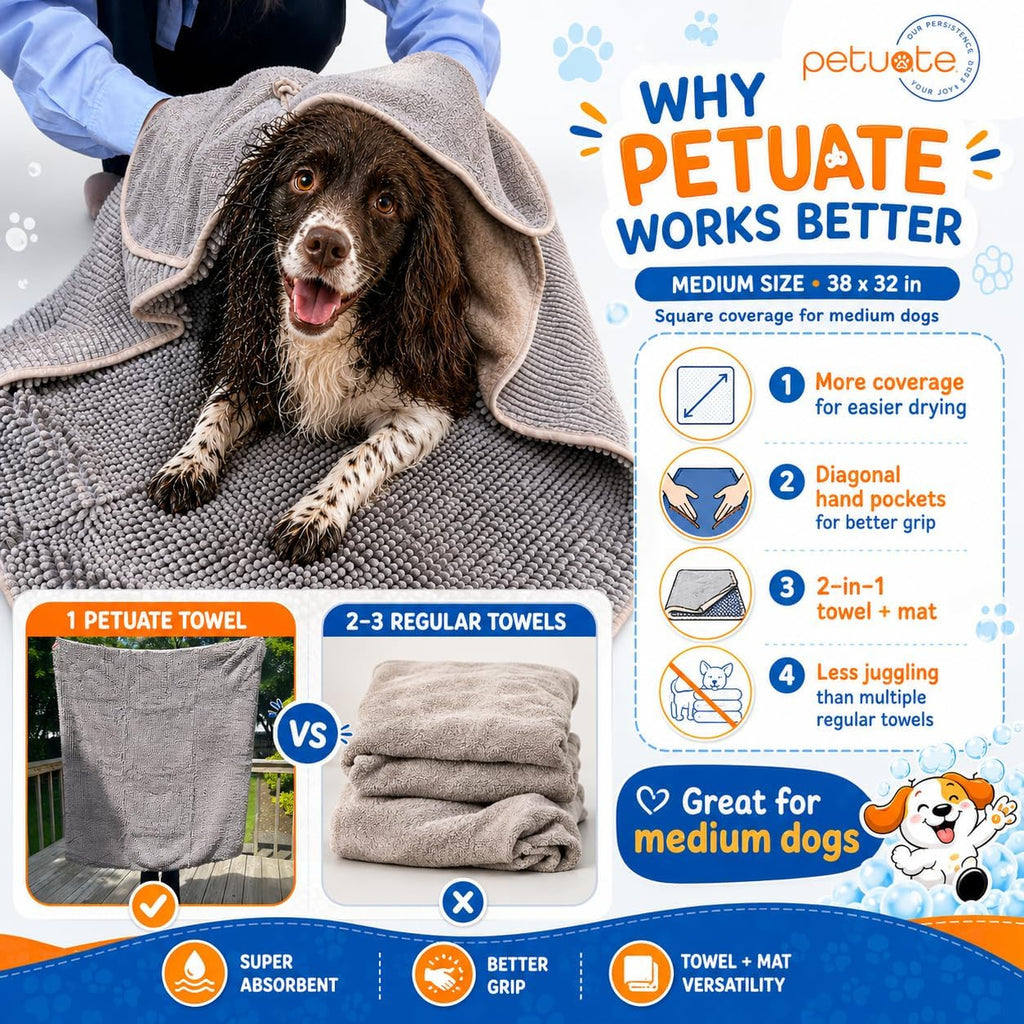 Pet 2-In-1 Dog Towel & Mat – Transforms from Drying to Bath Mat, Ultra Soft, Absorbent & Quick-Drying, Machine Washable Dog Towels with Detachable Non-Slip Mat and Hand Pockets (Medium)