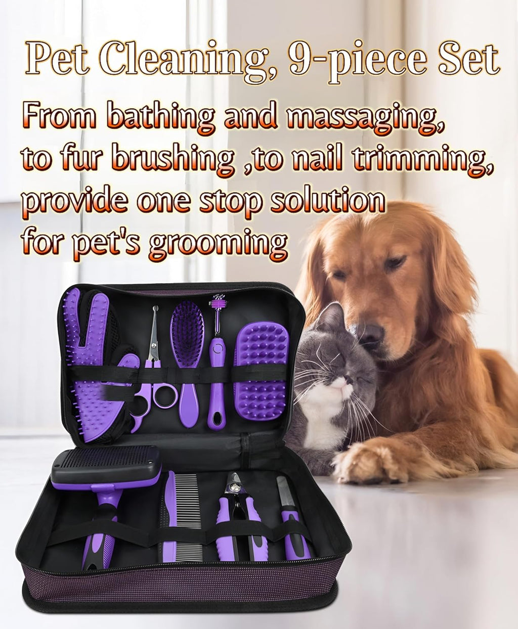 Cat Grooming Kit 9-Packs Kitten Puppy Grooming Kit for Dogs | Pet Dog Cat Rabbits Bath Grooming Tools Brush Kit Dog Nail Clippers and Cat Trimming Tools for Short Long Hair Dog Cat