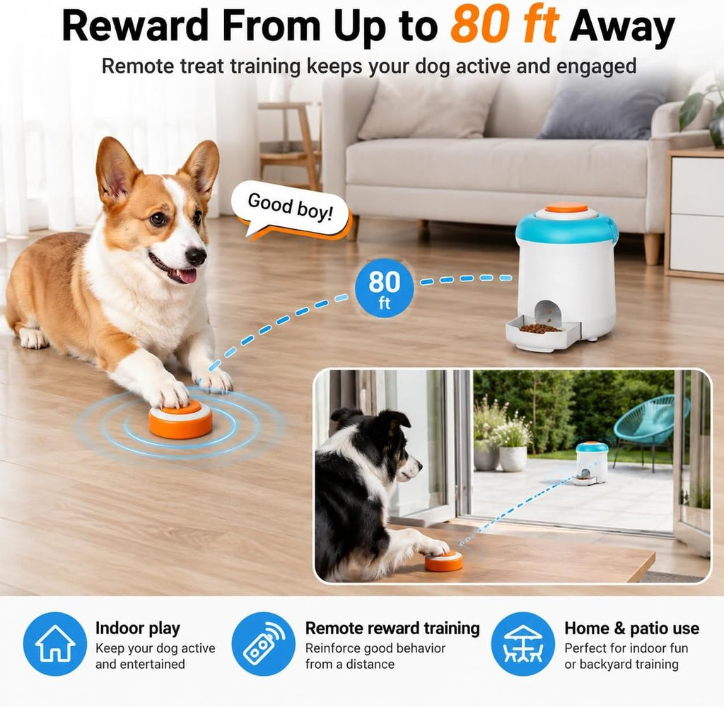Interactive Dog Treat Dispenser Toy with Remote Button, Dog Puzzle Feeder & Slow Feeder for Bored Dogs, Mental Stimulation Reward Training Toy with 8 DIY Stickers