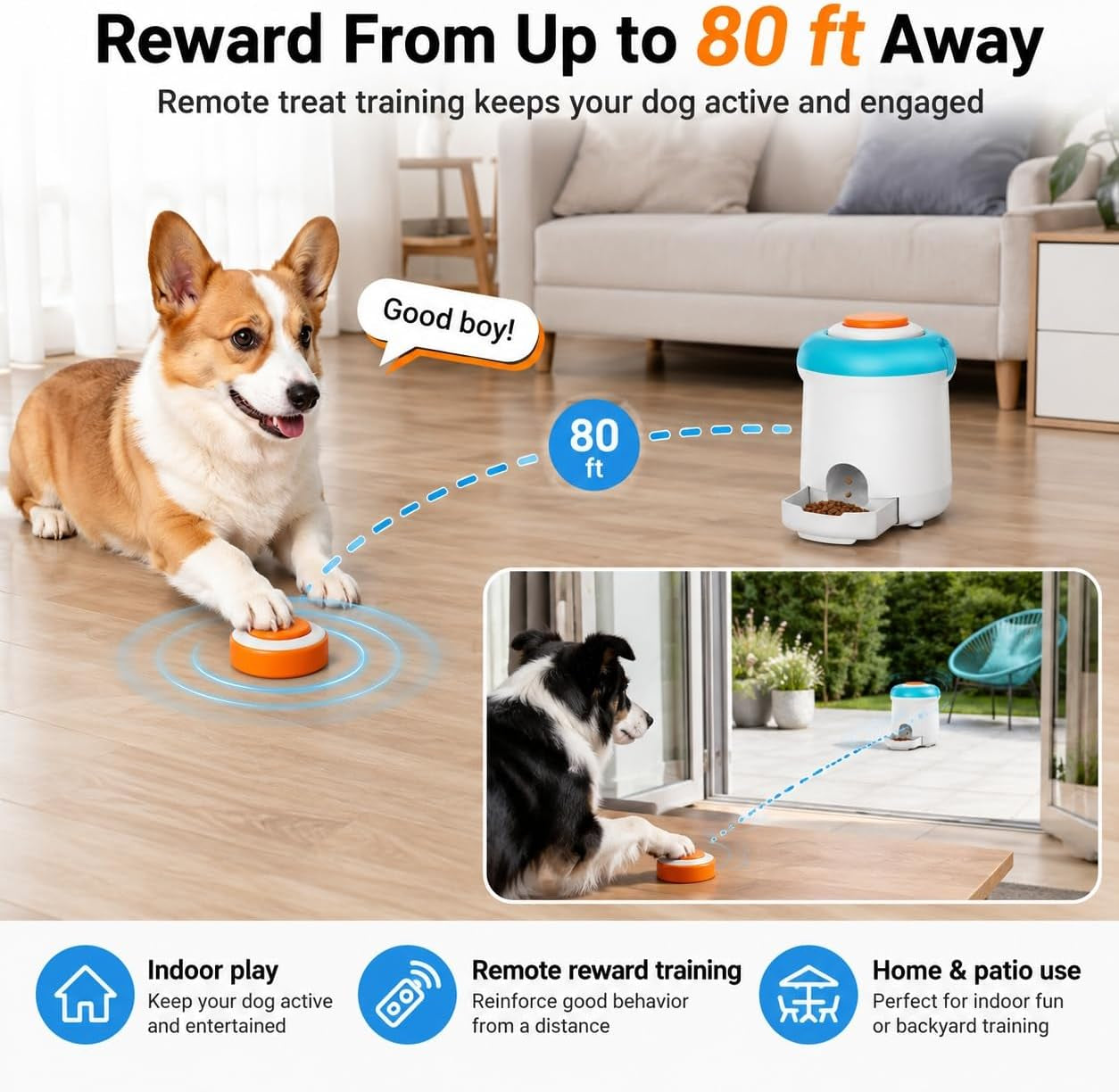 Interactive Dog Treat Dispenser Toy with Remote Button, Dog Puzzle Feeder & Slow Feeder for Bored Dogs, Mental Stimulation Reward Training Toy with 8 DIY Stickers