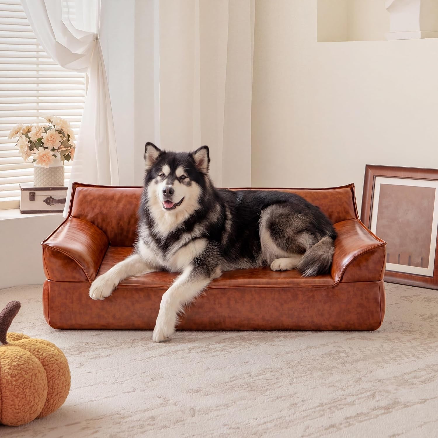 Large Leather Dog Sofa Pet Bed Couch for Large and Medium Dogs under 70 Lbs | Brown Luxurious Vintage Elevated Dog Sofa, Chaise Indoor Furniture Style Pet Supplies Low Maintenance