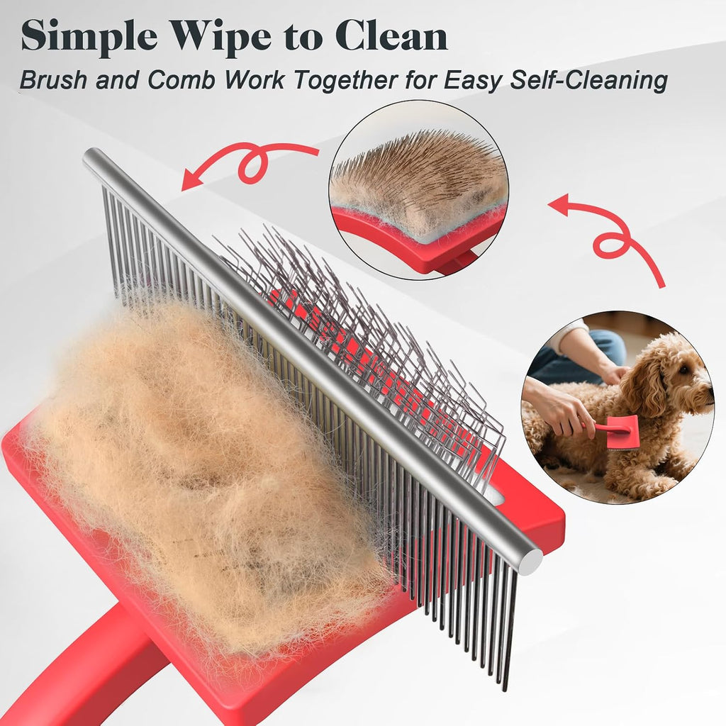 2PCS Slicker Brush for Dogs & Pet Comb,Professional Dog Grooming Brush (Red, Large)