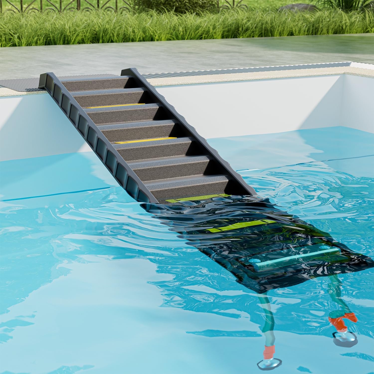 Foldable Dog Pool Ramp with 33" Legs for Free Height Adjustment,Safe & Easy Access Dog Water Ramp for Pool, Pool Ramp for Dogs up to 200Lbs (Black)