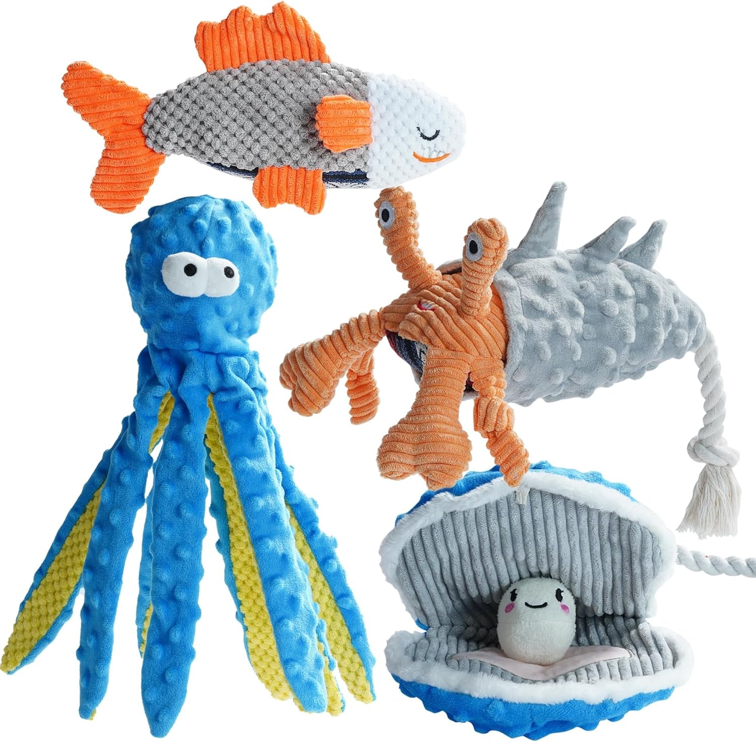 4 Packs Crinkle Squeaky Dog Toys for Aggressive Chewers, Tough Durable Stuffed Plush Rope Tug Puppy Chew Toy for Small Medium Large Breeds