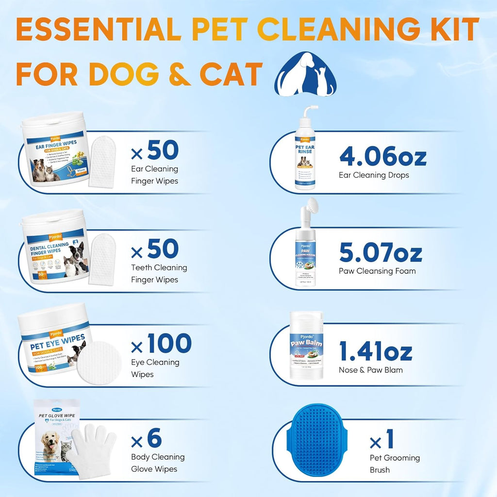 Pet Essential Supplies for Dog & Cat, Cleaning Kit for Whole Body, Pet Wipes Cleaning Deodorizing, Grooming Wipes & Paw Cleaner, Finger Wipes for Teeth, Ear & Eyes, Suitable for Daily Care
