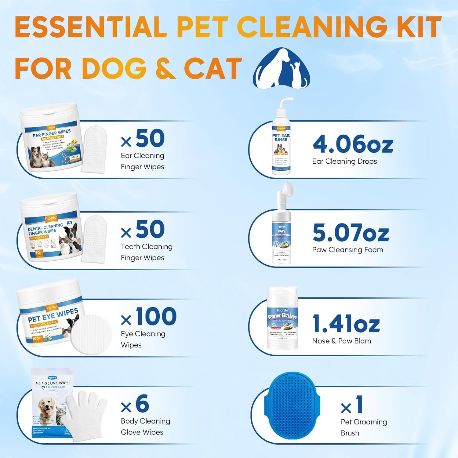 Pet Essential Supplies for Dog & Cat, Cleaning Kit for Whole Body, Pet Wipes Cleaning Deodorizing, Grooming Wipes & Paw Cleaner, Finger Wipes for Teeth, Ear & Eyes, Suitable for Daily Care