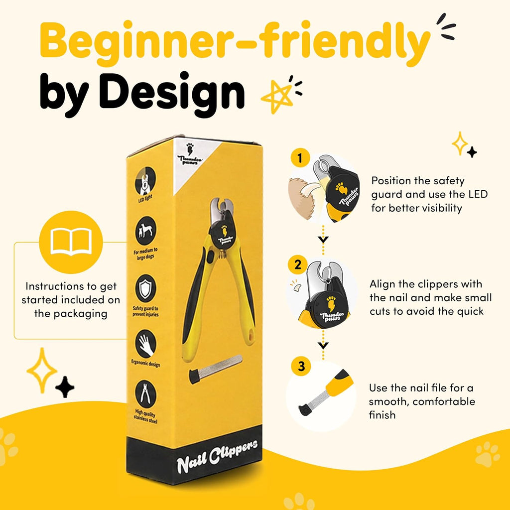 LED Dog Nail Clippers with Light Illumination, Trimmers with Protective Guard, Safety Lock and Nail File - Suitable for Large and Small Dogs & Cats (Yellow)