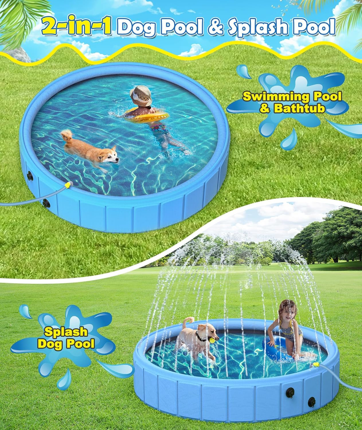 Foldable Dog Pool with Sprinkler, Large Non-Slip PVC Pet Bath, 79 Inch | 2-In-1 Pet Bath and Sprinkler with Non-Slip Base for Dogs and Kids, Ideal for Backyard Cooling, Bathing and Summer Water Play