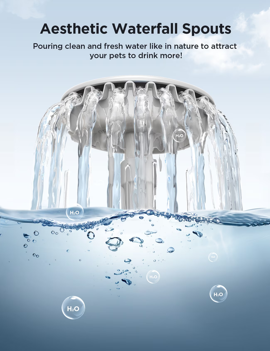Aesthetic waterfall spout with water flowing over it, set against a blue background.
