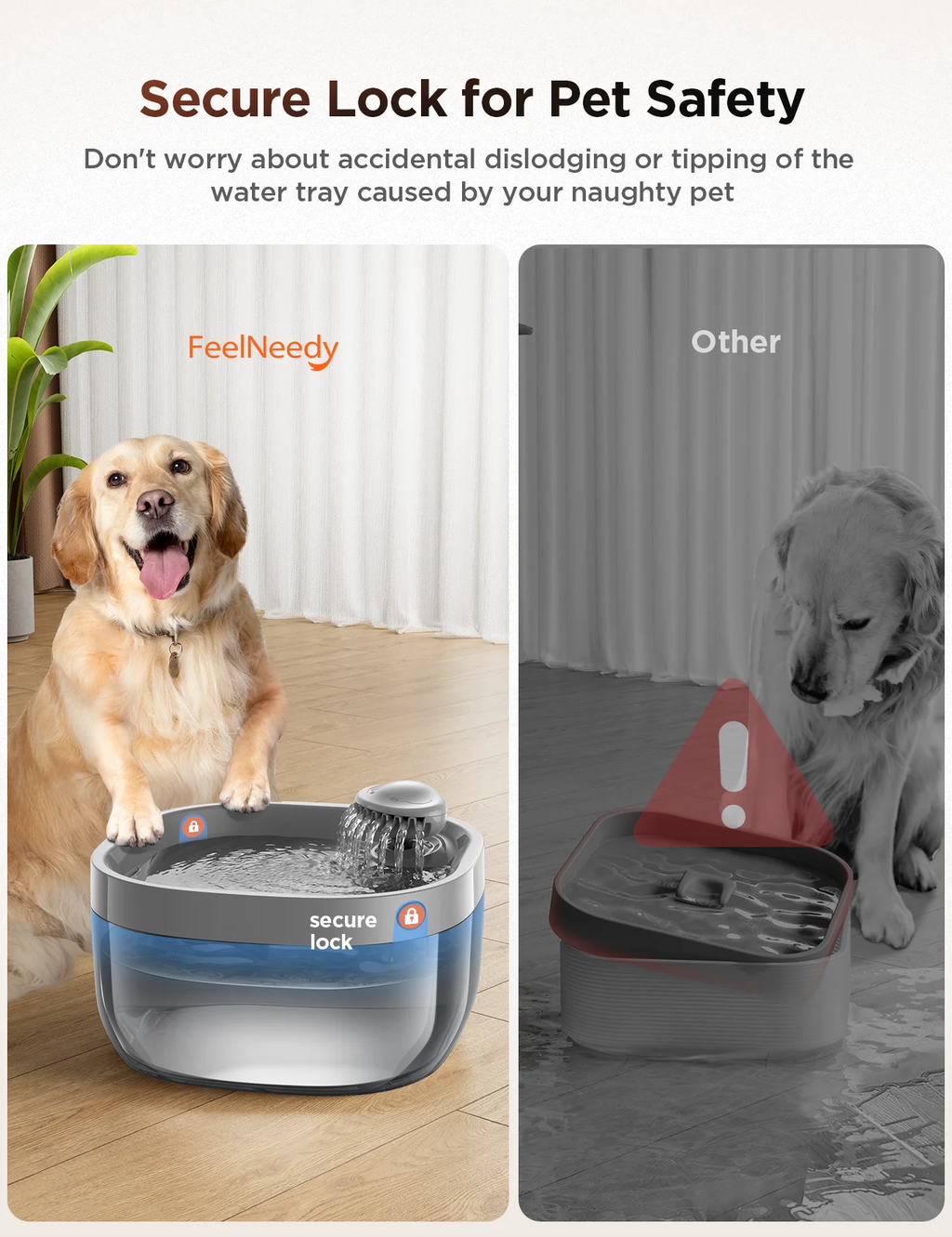 Pet water bowl with secure lock feature and a comparison to an 'Other' option without the lock.