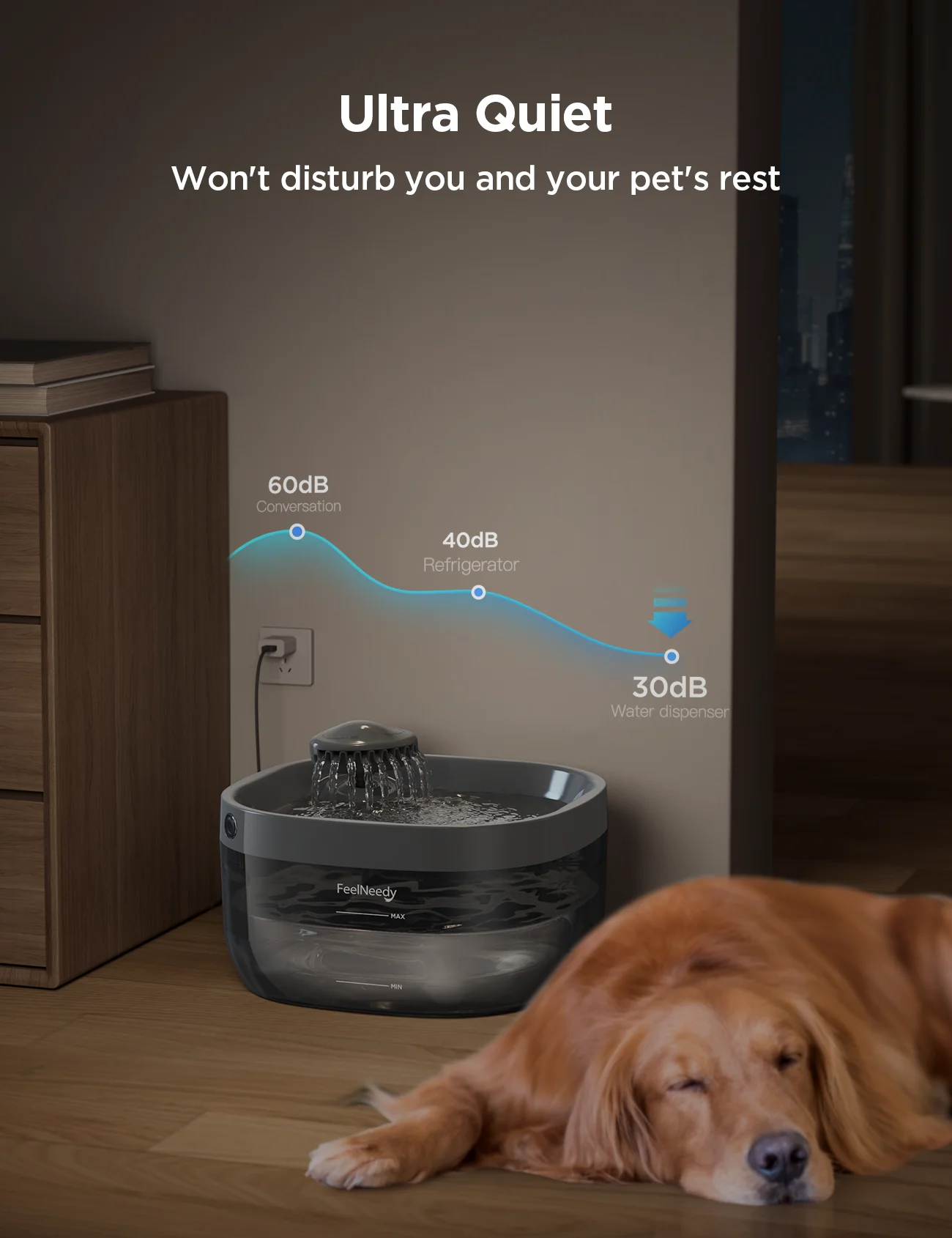 Dog lying next to a pet fountain with an ultra-quiet feature label and a dog resting peacefully.