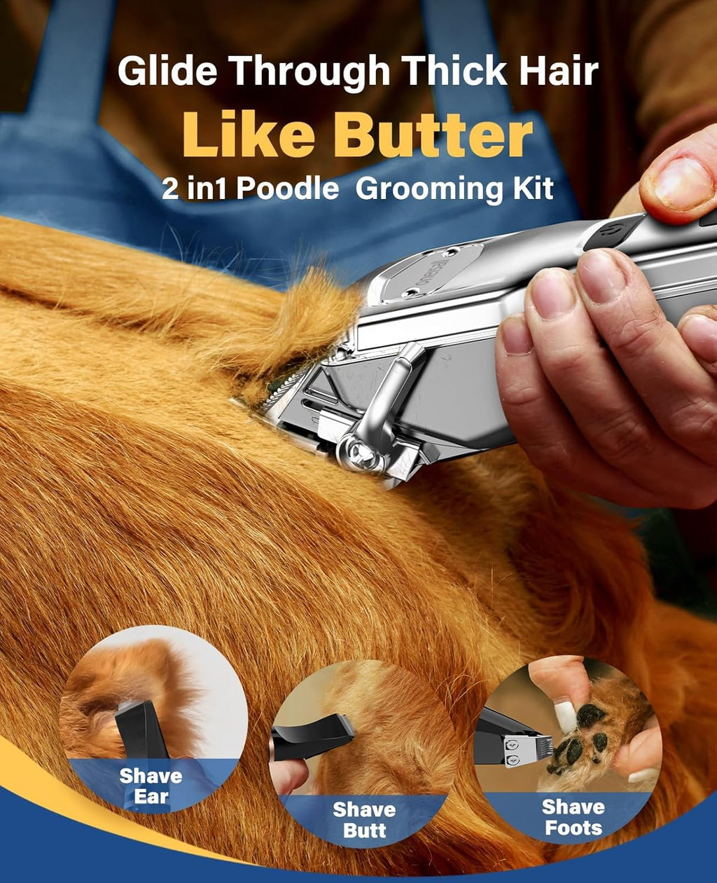 Dog Grooming Kit for Thick/Matted Hair with Stainless Steel Blade | Powerful Motor, Dog Clippers+Paw Trimmers, IPX7 Waterproof, Low Noise, Cordless & Long Battery Life