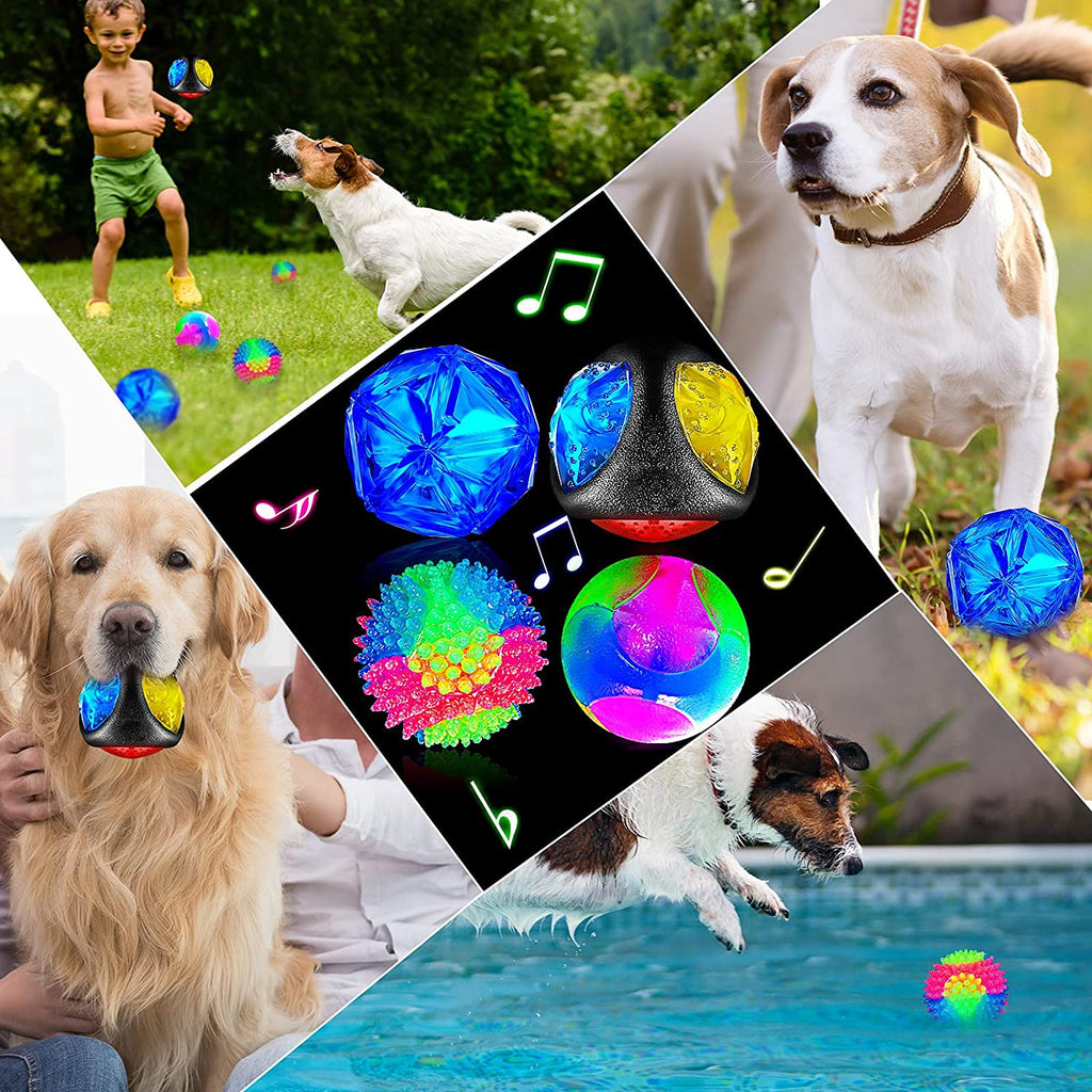 4 Pieces Light up Squeaky Dog Balls LED Flashing Light up Ball for Aggressive Chewers Glow in the Dark Flashing Ball Pet Squeaky Toy Bounce Activated Toy for Medium Small Dogs Gift