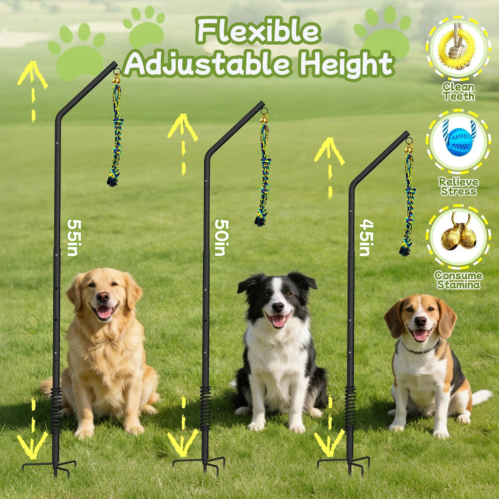 Tether Outdoor Dog Rope Toy with Adjustable Height Spring Pole, 3 Kinds Dog Tug of War Toys for Self Play and Interactive in Park, Yard, Lawn Rope, Suitable for Energetic Dog(45.5″)