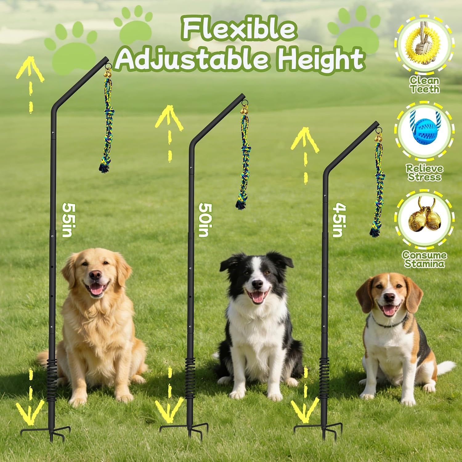 Tether Outdoor Dog Rope Toy with Adjustable Height Spring Pole, 3 Kinds Dog Tug of War Toys for Self Play and Interactive in Park, Yard, Lawn Rope, Suitable for Energetic Dog(45.5″)