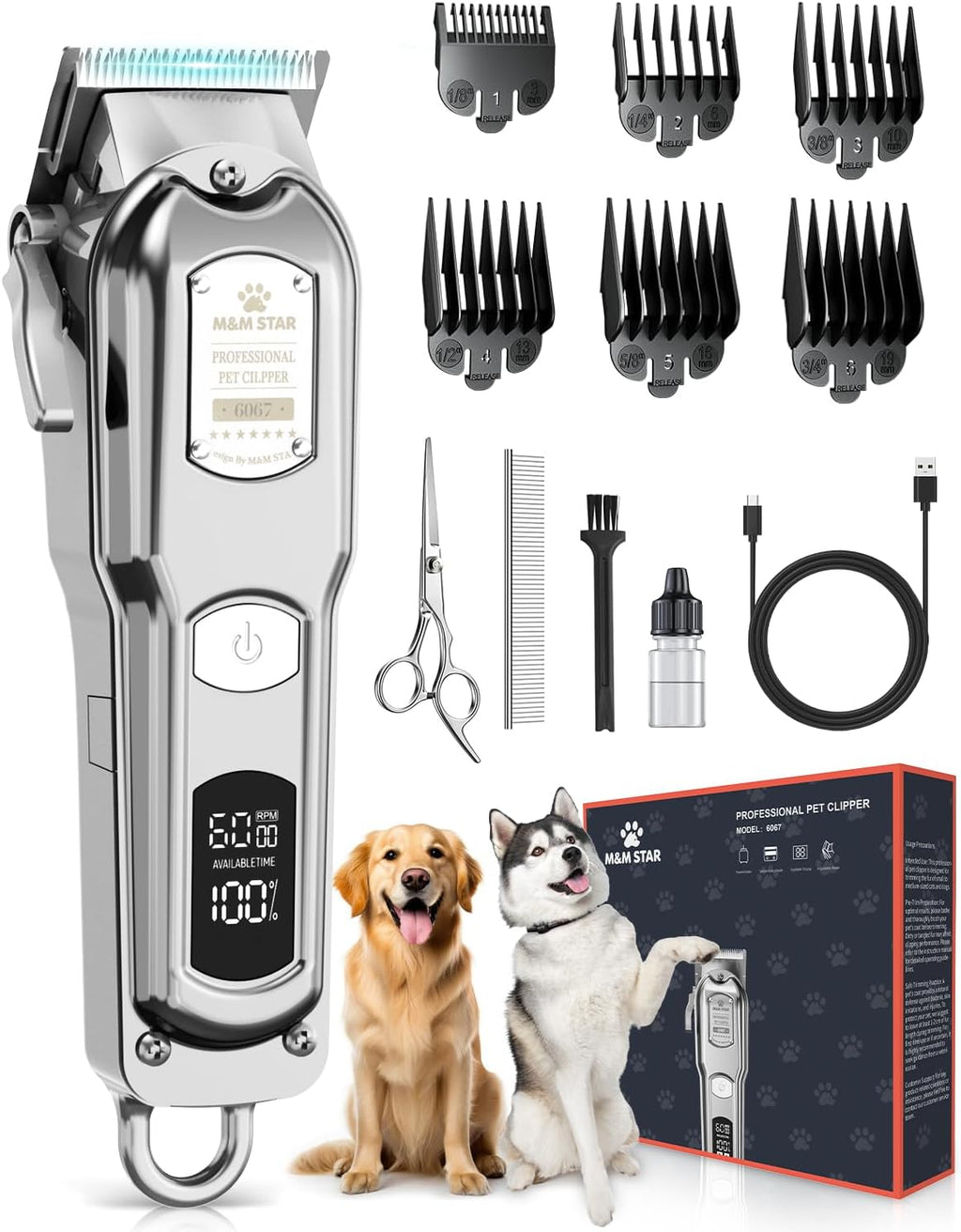 Dog Clippers for Grooming Thick Heavy Coats, All-Metal Body Low Noise Cordless Rechargeable Dog Hair Trimmer, Stainless Steel Blade, Professional Pet Grooming Kit for Dogs & Cats (Silver)