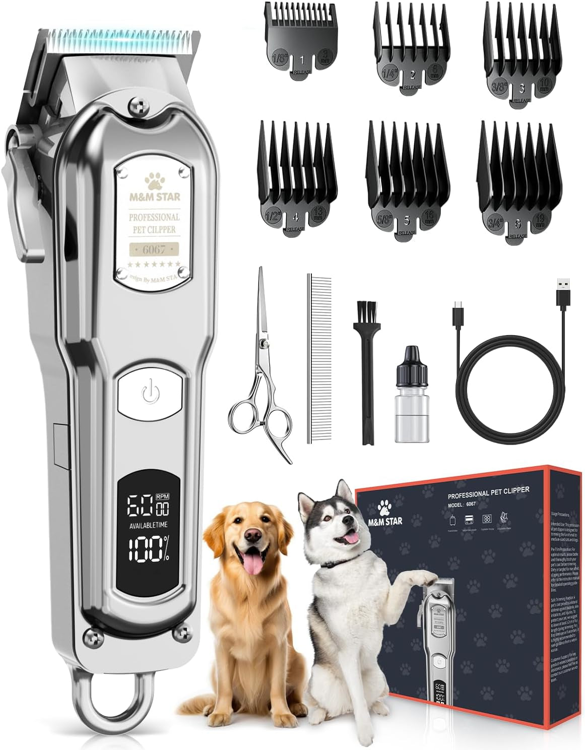 Dog Clippers for Grooming Thick Heavy Coats, All-Metal Body Low Noise Cordless Rechargeable Dog Hair Trimmer, Stainless Steel Blade, Professional Pet Grooming Kit for Dogs & Cats (Silver)