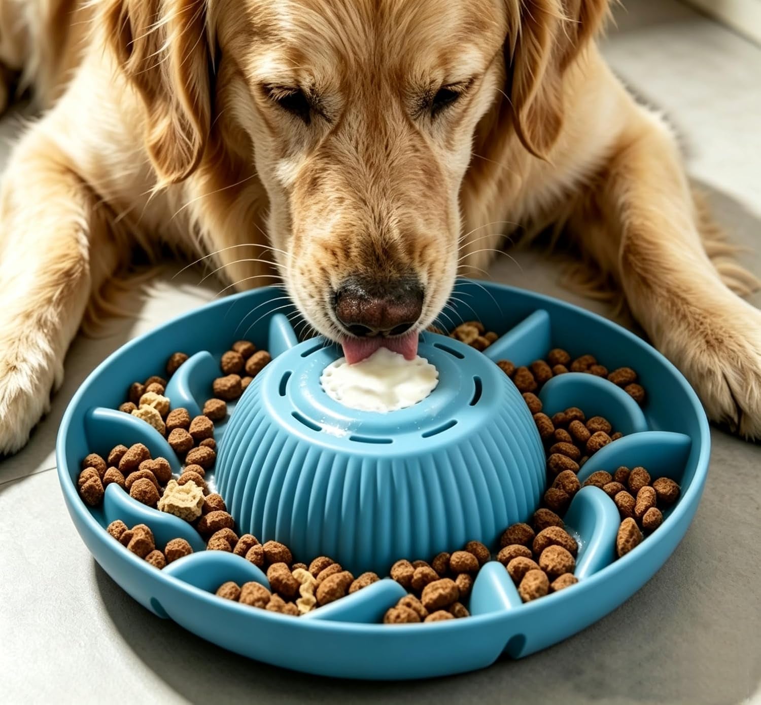 Slow Feeder Dog Bowls 2 in 1 Liquid Treat Dog Lick Mat Cat Bowl – anti Slip 5‑Cup Large Capacity Liquid and Kibble Food Treat Dispenser for Slowing down Eating for Large Medium Small Dogs (Black)